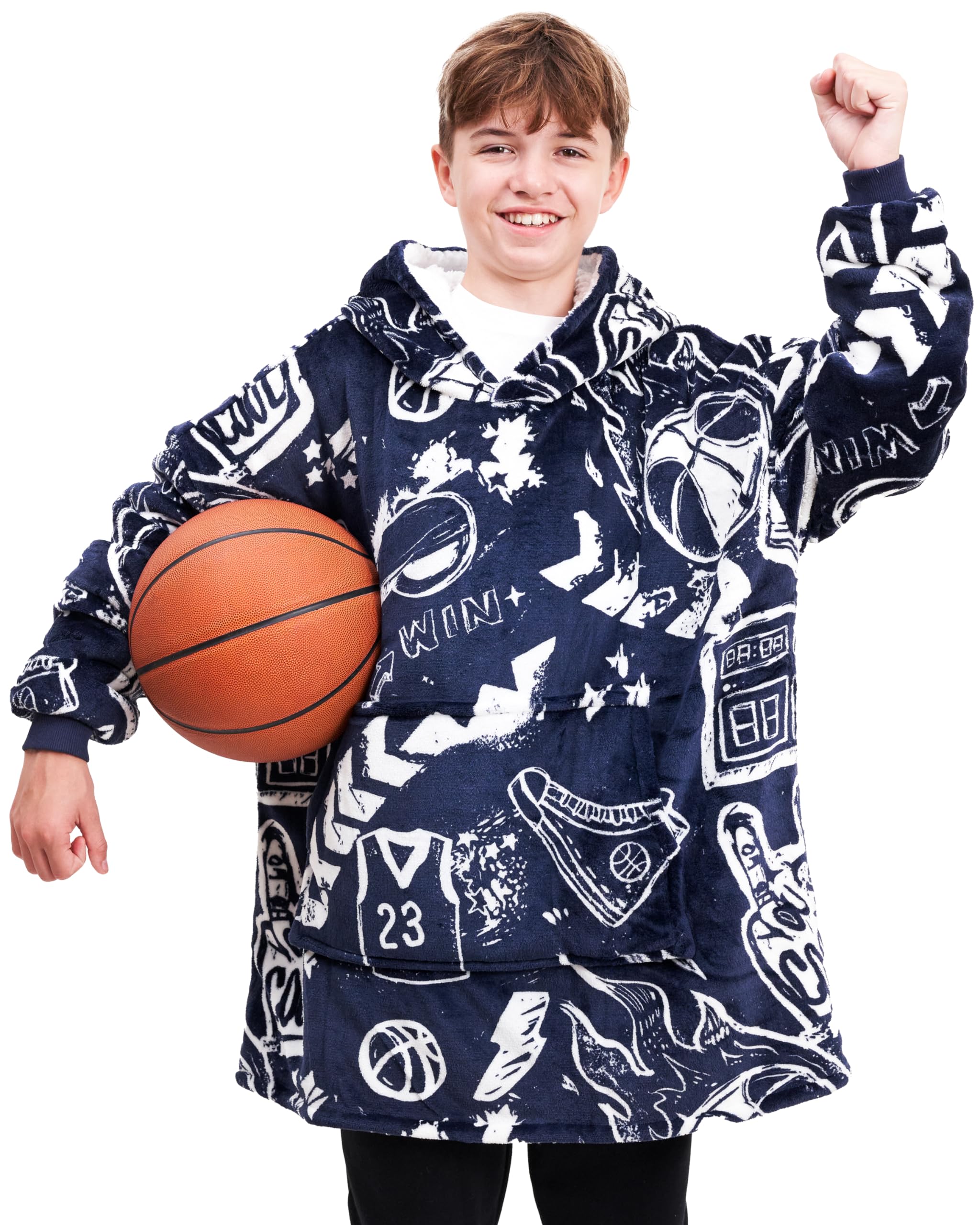 Sports Blanket Hoodie Men & Kids, Oversized Wearable Blanket Kids, Teens, Adults, Soccer & Basketball Hoodie Blanket for Boys
