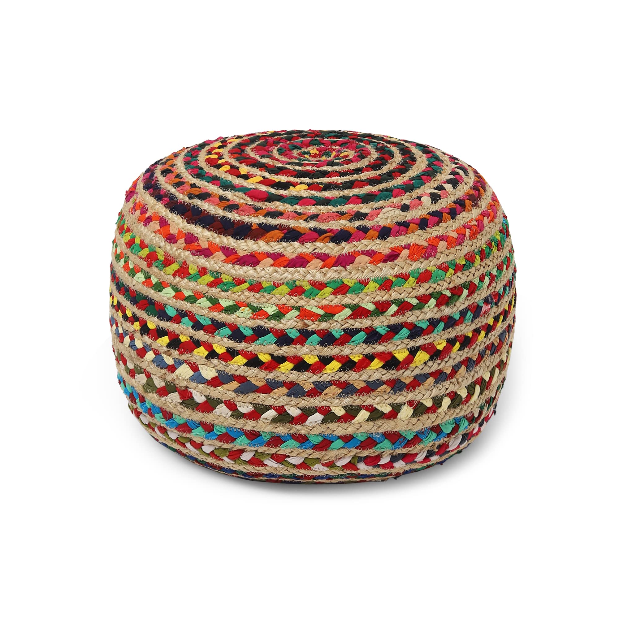 REDEARTH · Round Pouf Ottoman - Braided Boho Poof Home Décor Pouffe Accent Sitting Circular Foot Rest for Living Room, Bedroom, Nursery, Kidsroom, Lounge; Jute and Cotton (19.5"X19.5"X14"; Multi)