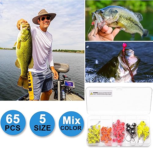 Miniatura 6 de Kit de ganchos para cabeza de plantilla de pesca, 65 piezas de señuelos de pesca de crappie Bass Walleye jig Heads para pesca redonda pintada