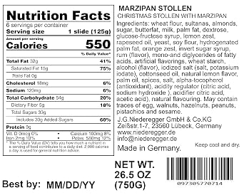 Niederegger Marzipan Stollen 750g, 26.5 oz | Exquisite Pastry with Luscious Marzipan Center.| Authentic Holiday Tradition.