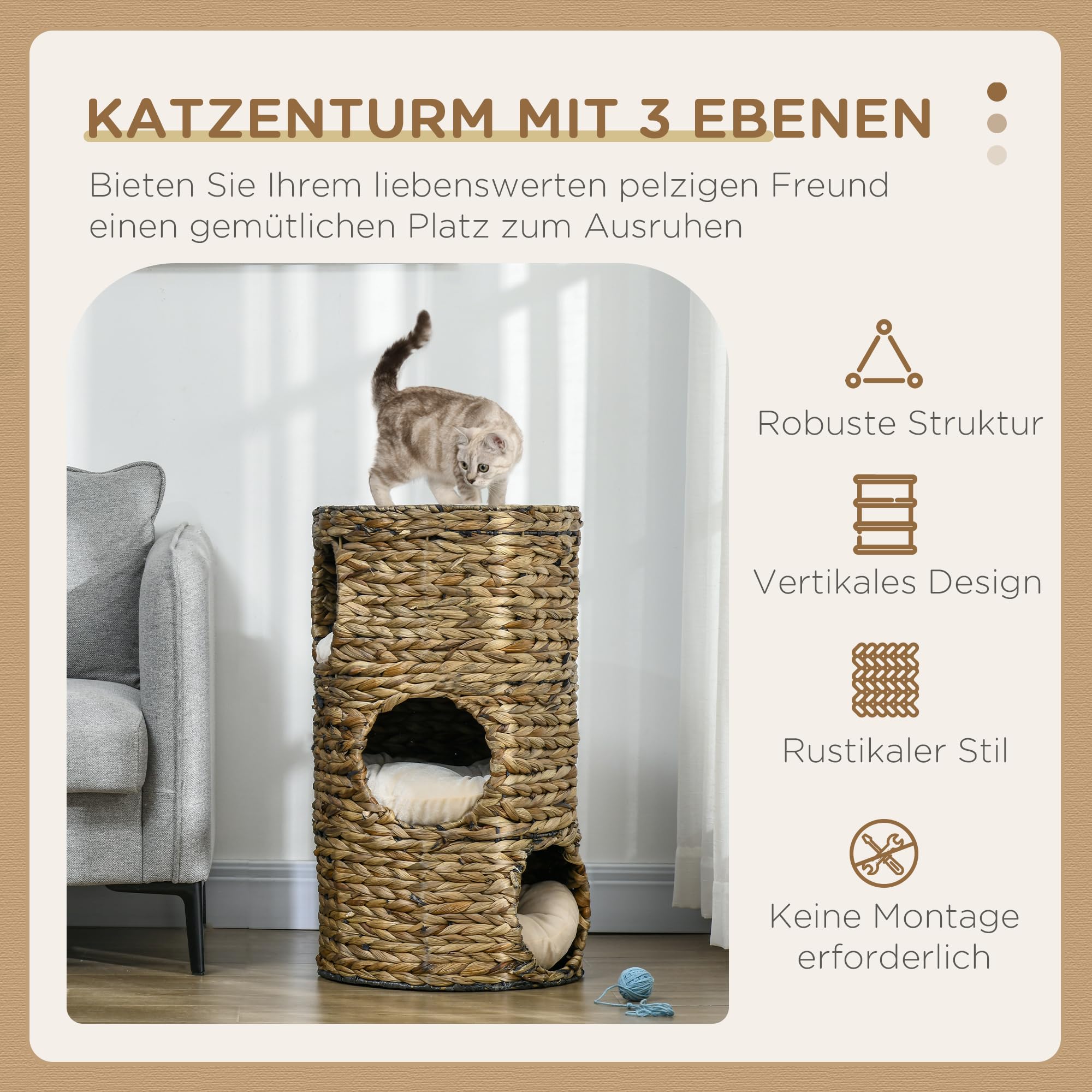 PawHut Barril rascador de 73 cm de Alto con 3 Cuevas, cojín, rascador con Cama para Gatos, Torre de Jacinto de Agua, Color marrón Oscuro