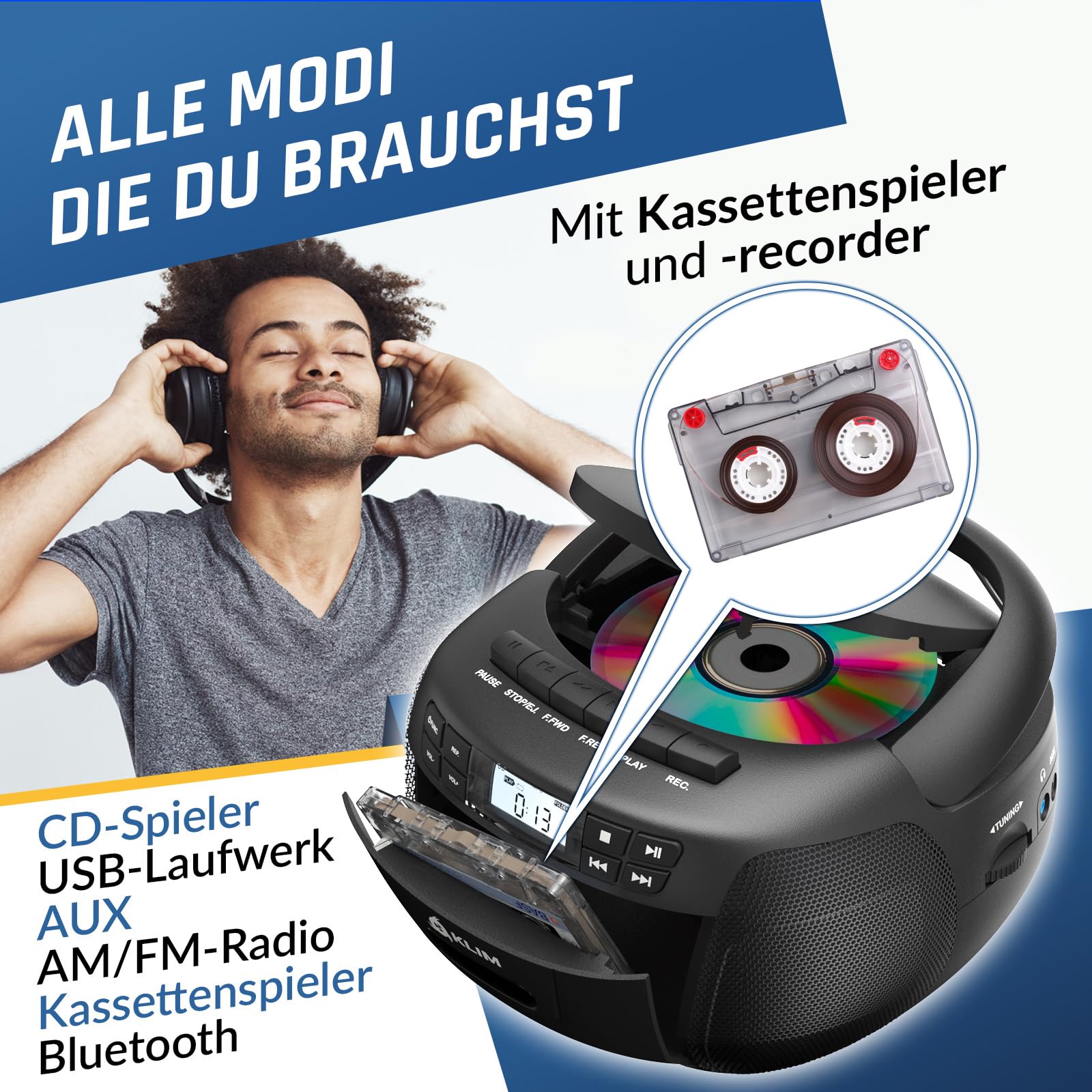KLIM CD Player mit Kassette & Etui, Kassettenspieler, Kassettenrekorder, Bluetooth CD Player mit Radio & USB, AM/FM Radio, Netz- und Batteriebetrieb