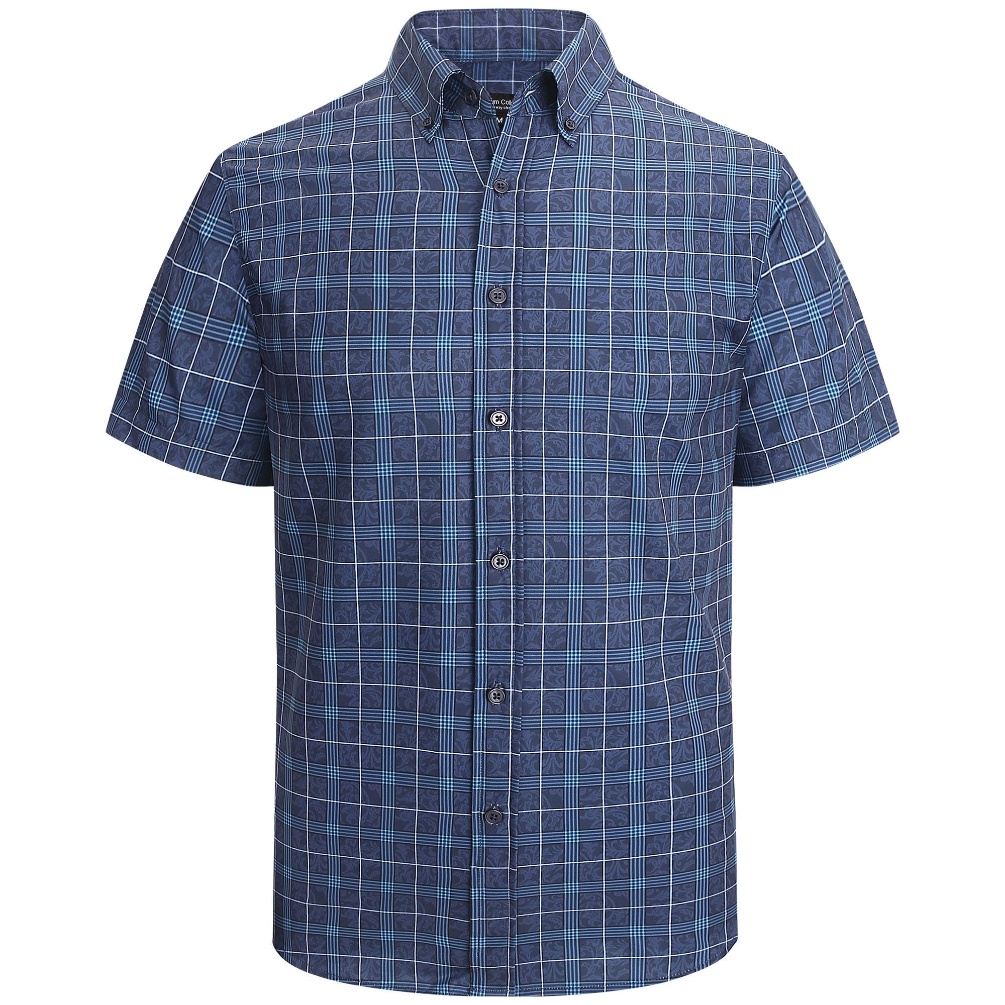 WARHORSEE Men's Plaid Button Down Shirts Short Sleeve 4-Way Stretch Dress Shirts for Men Business Casual Shirts