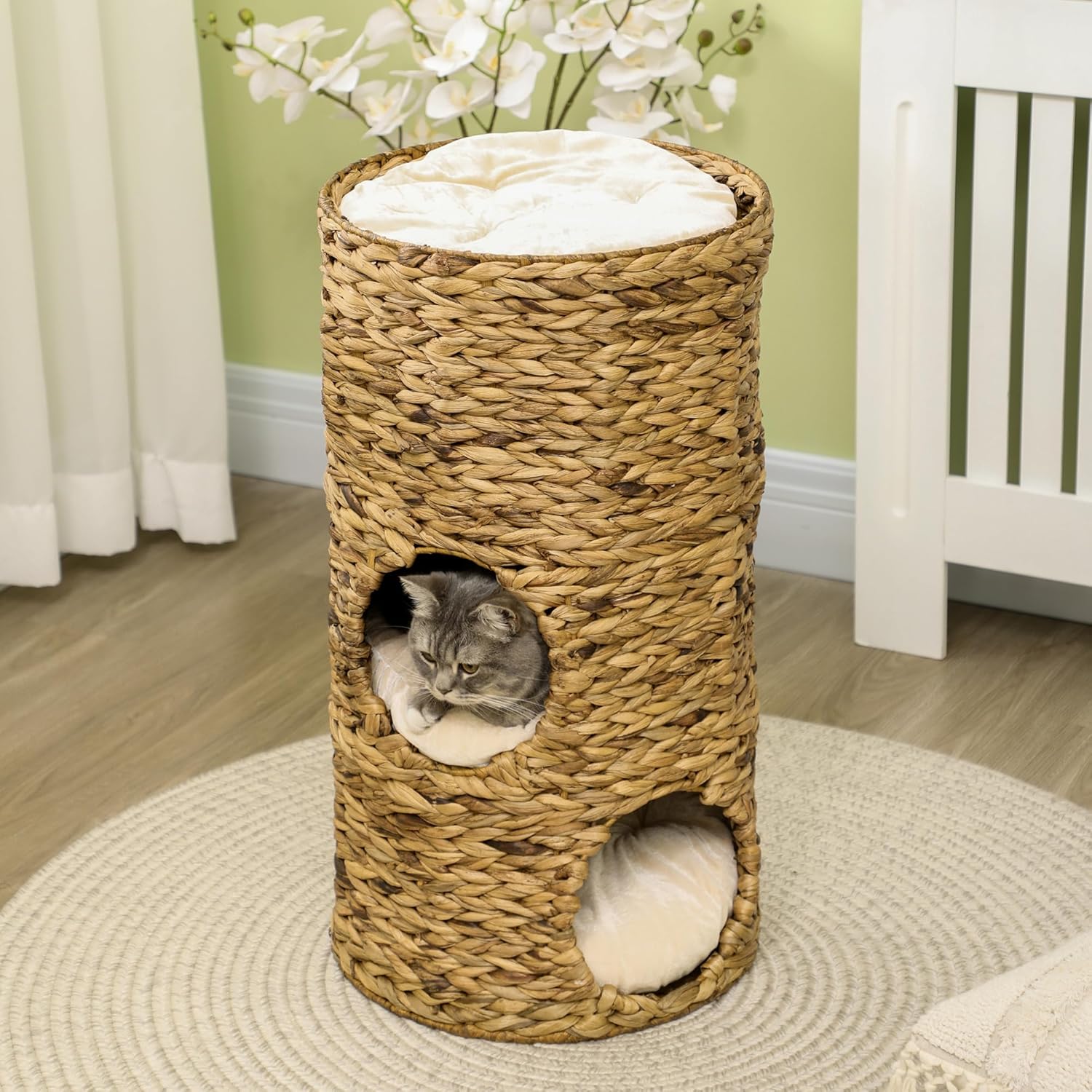 Hand-Woven Barrel Shaped Elevated Cat Bed with 3 Hideaways & 4 Soft Plush Cushions,Space-Saving Multi-Level Design