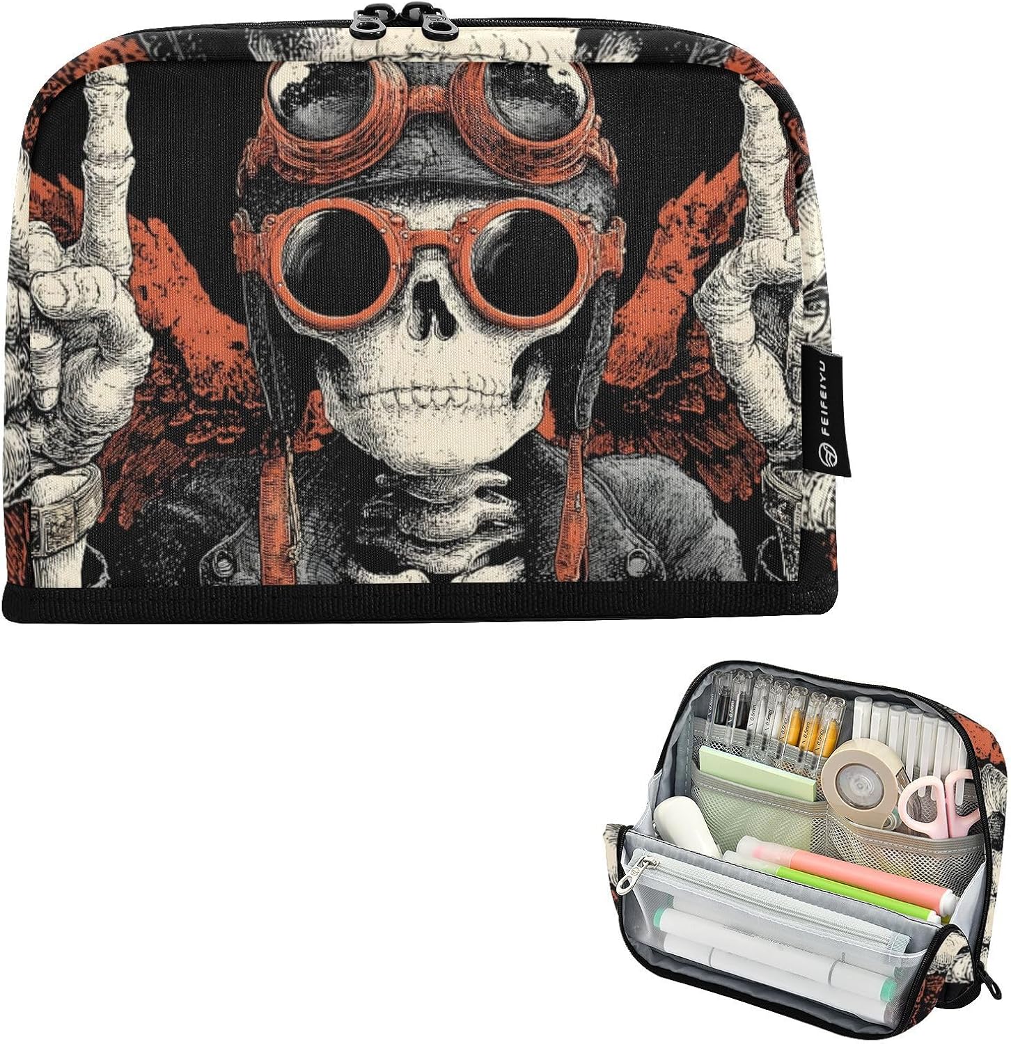 Skeleton Funny Wings Standing Pencil Case, Large Capacity Magnetic Flap Stable Pencil Pouch for Kids Adult Teens, Stationery Organizer Bag for School College Office Desk