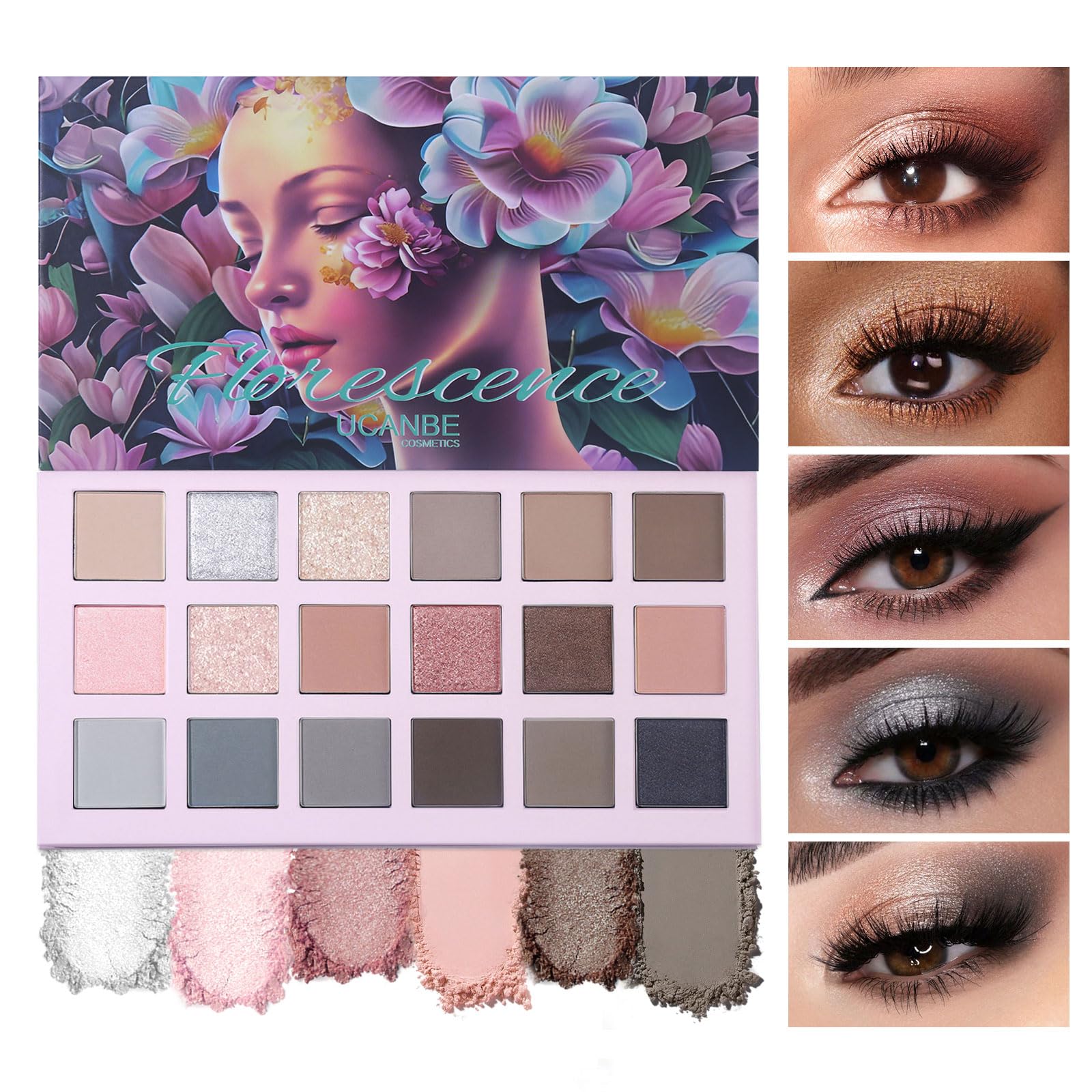 UCANBEFlorescence Eyeshadow Palette,18 Colors Nude Neutral Brown Smokey Eye Shadow,Highly Pigmented Matte Shimmer Glitter Make Up Pallet for Women/Girl