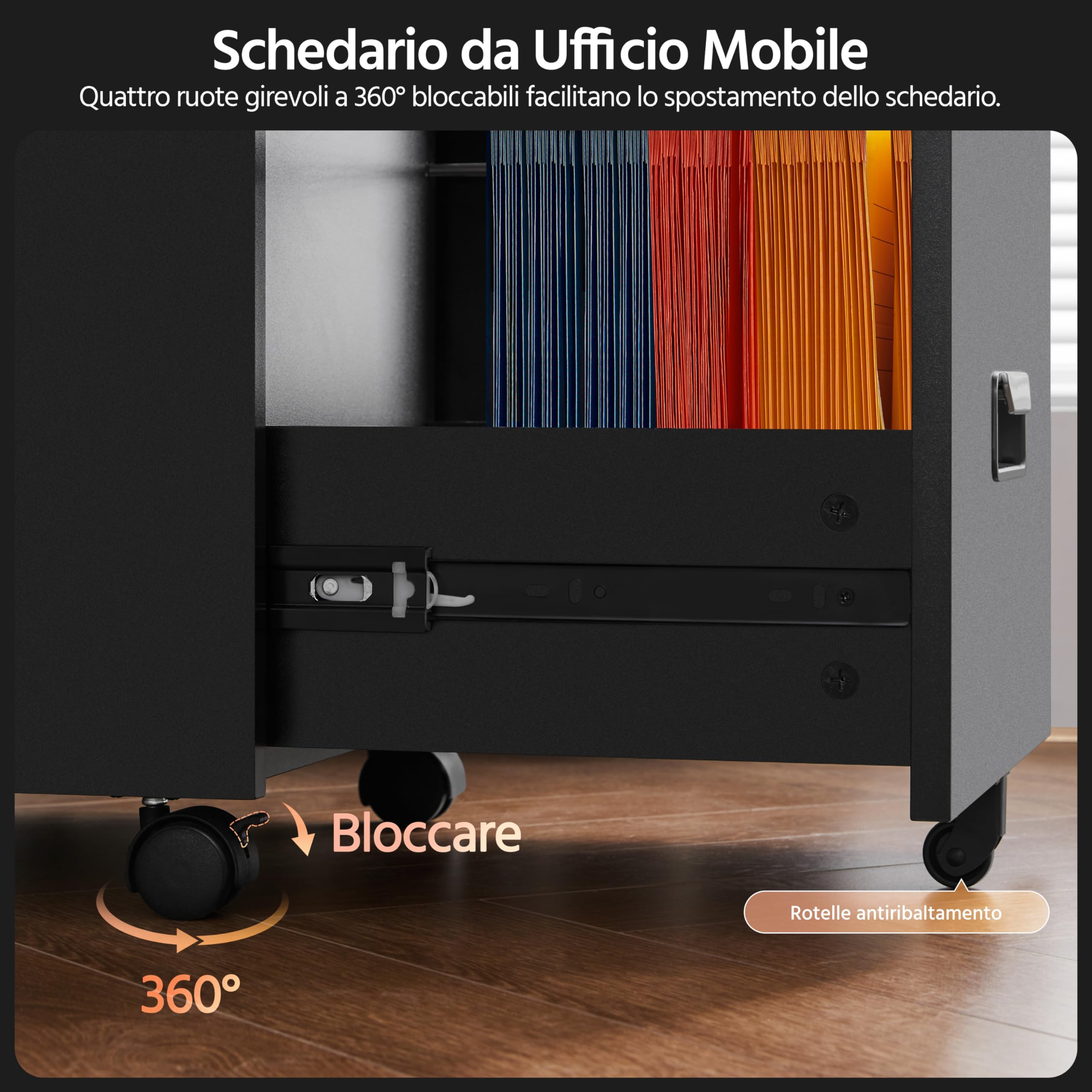 Cassettiera da Ufficio con Cassetti Salvaspazio Mobiletto da Ufficio con Rotelle Portadocumenti per Documenti Formato A4 e Lettera Studio in Legno e Metallo Nero
