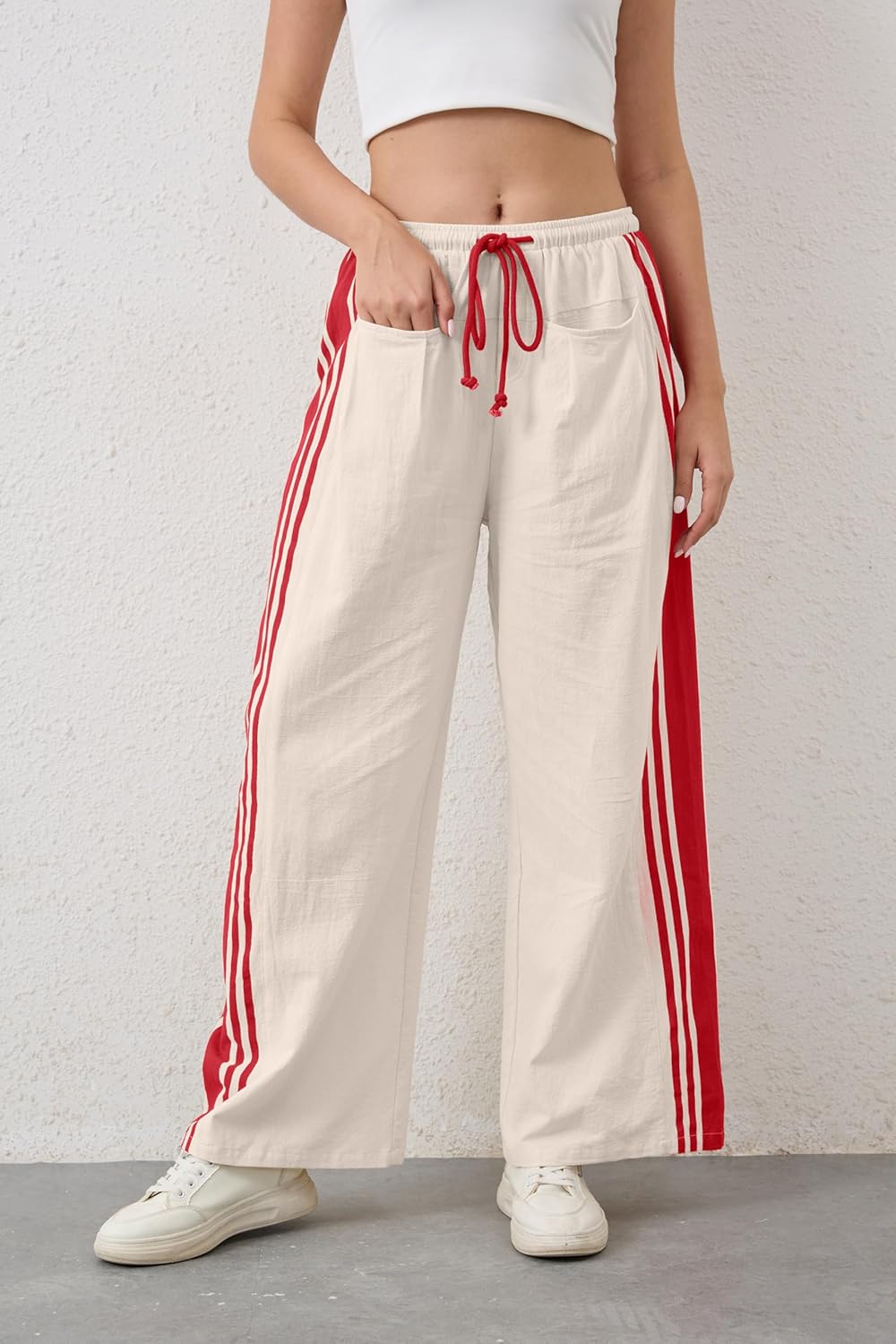 Casual Crayon Striped Pants for Women Drawstring Elastic High Waist Lounge Pant Color Block Baggy Wide Leg Sweatpants Apricot
