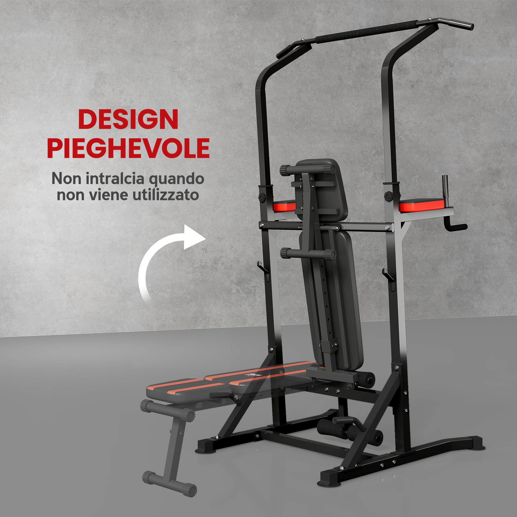 HOMCOM Power Tower Pieghevole, Stazione Fitness Multifunzione Regolabile in 7 Posizioni con Sbarra Trazioni, Dip Station, Pull UP Station e Panca Piana in Acciaio, per Home Gym Casa, Portata 150kg
