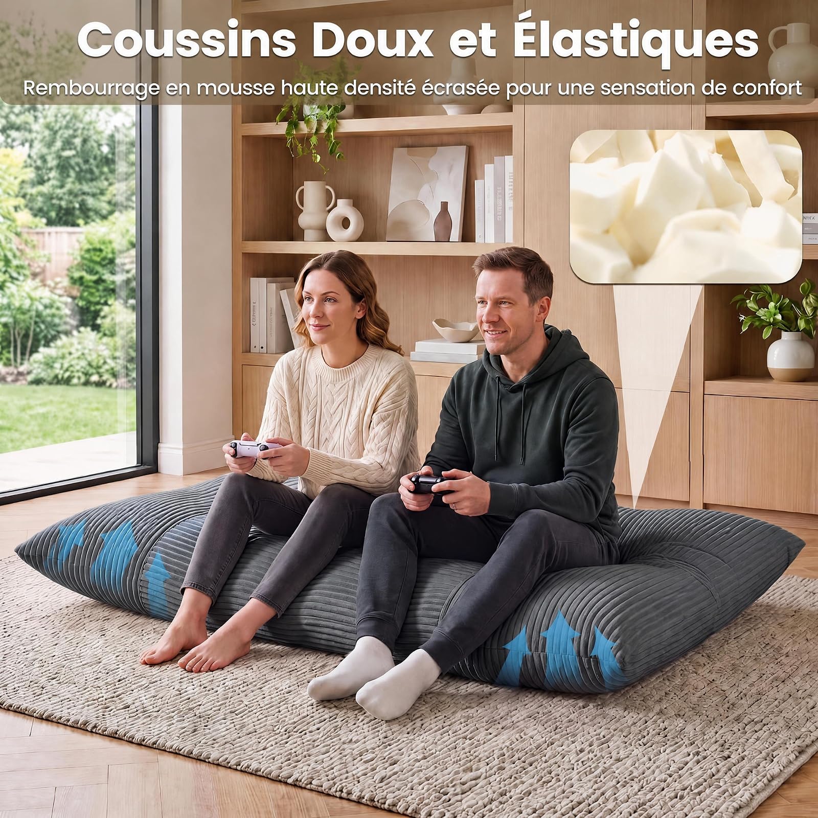 RELAX4LIFE Pouf Géant XXL, Canapé Lit au Sol Moelleux, 194X139 CM, Gris foncé