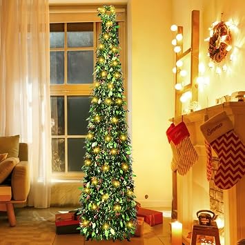 5 Ft Pop Up Christmas Tree with 50 Lights,Artificial Collapsible Pencil Christmas Trees with Tree Topper,Pre-lit Xmas Tree Tinsel Christmas Tree for Indoor Outdoor Christmas Decorations Green