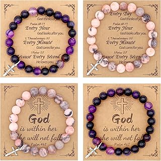 4PCS Beaded Bracelets For Women, Christian Gifts For Women, Personalized Religious Gifts For Women, Natural Stone Cross Beaded Bracelets For Baptism Gift, Christian Gifts, First Communion Gifts(4 Styles)