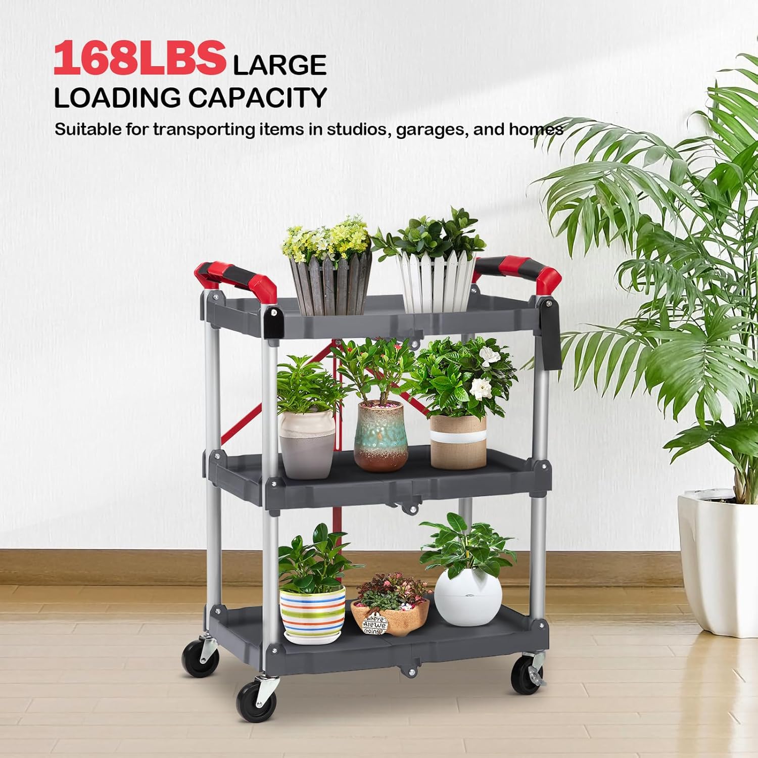 Garvee 3-tier utility cart loaded with potted plants, showcasing its 168 lbs large loading capacity in a home setting.
