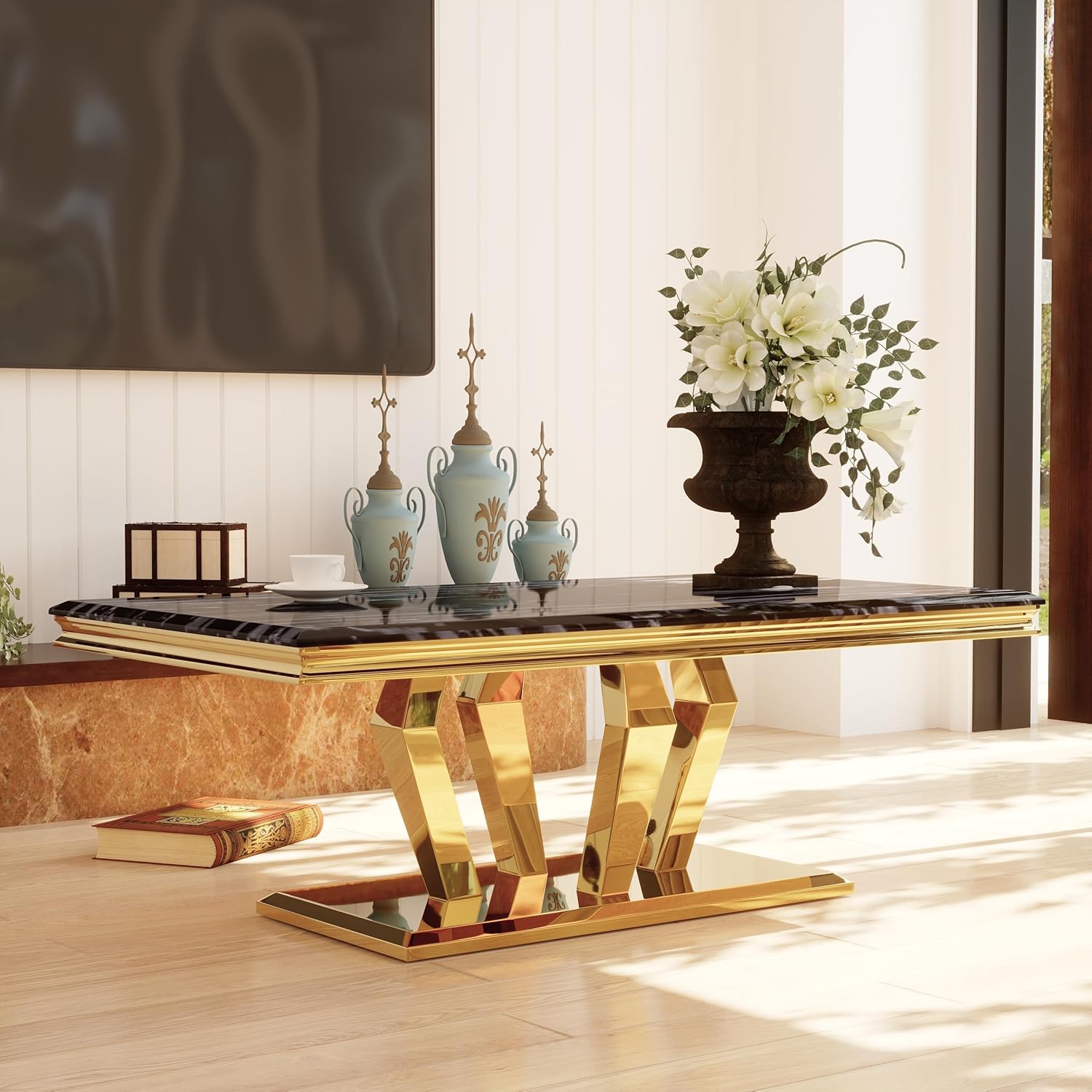 Asday Gold Coffee Table, Black and Gold Coffee Table with Four Geometric Mirror Bases, Rectangular Tea Table with Metal Frame, 48" Modern Center Table for Living Room, Office, Reception Room