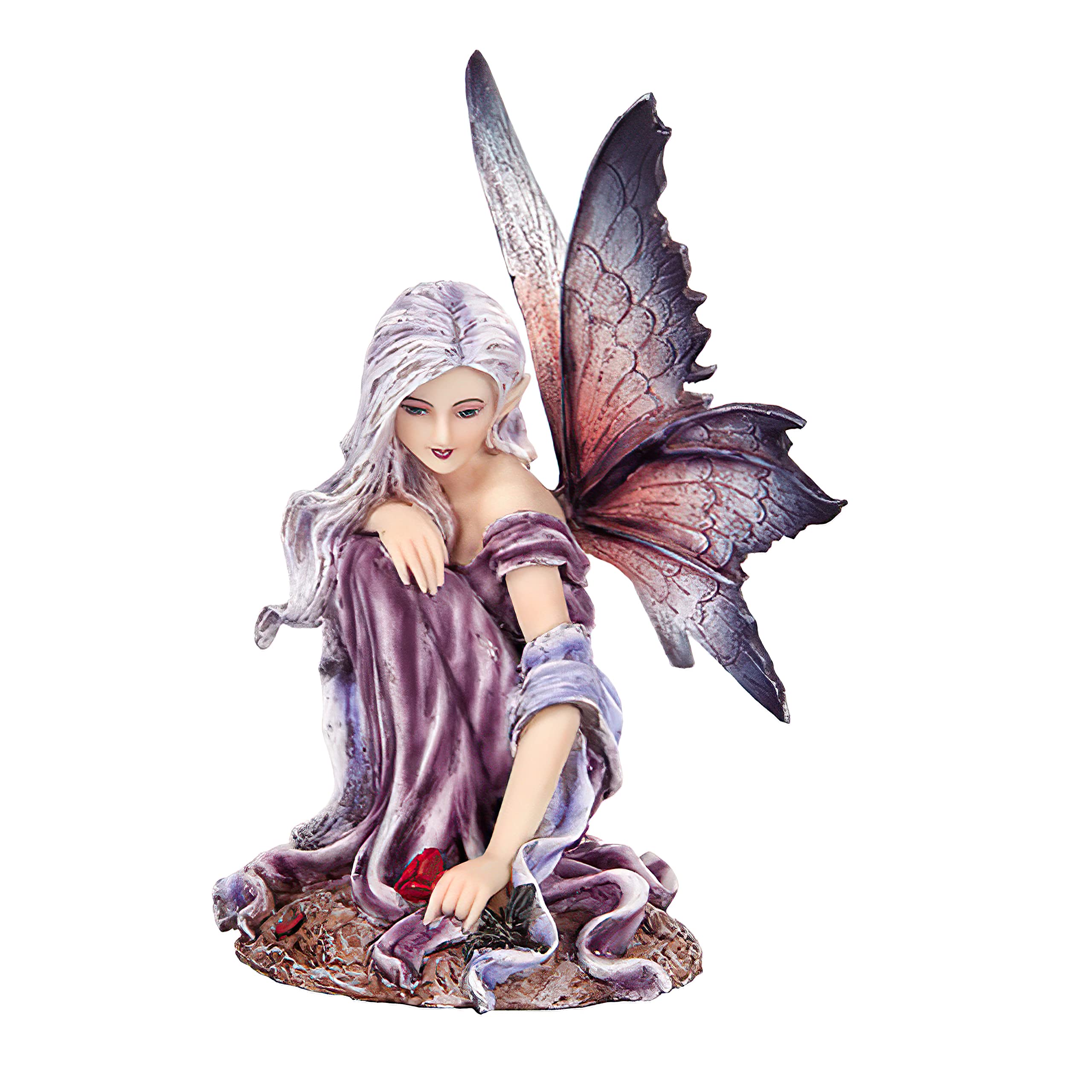 5.25 Inch Fairyland Purple Winged Fairy with Red Rose Statue Figurine