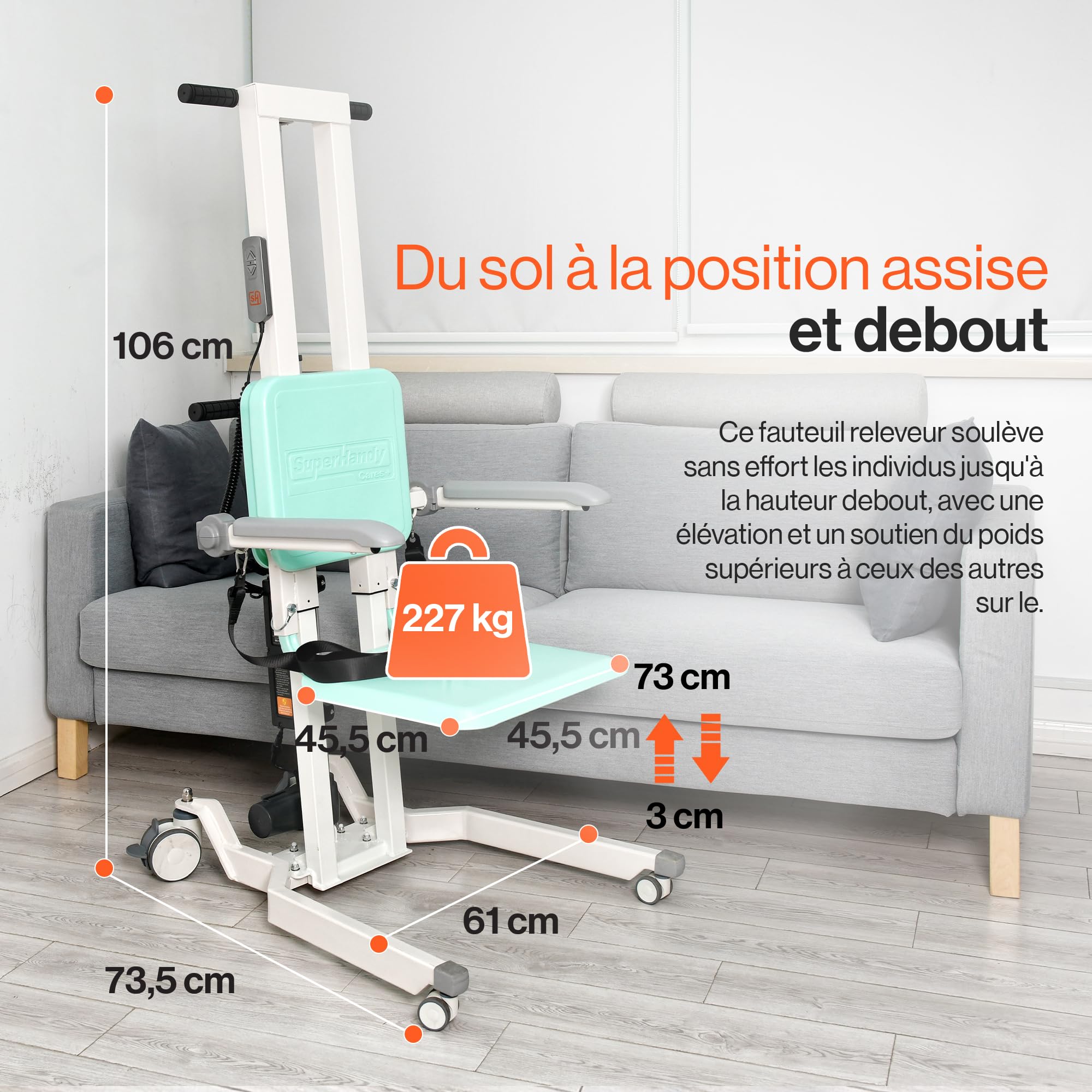 SuperHandy GoRise Élévateur électrique au Sol – Capacité de 227 kg, Assistance à la Verticale, Portable, réglable, Ergonomique, Rangement Facile, en Attente de Brevet (TX (Lève-Transfert))
