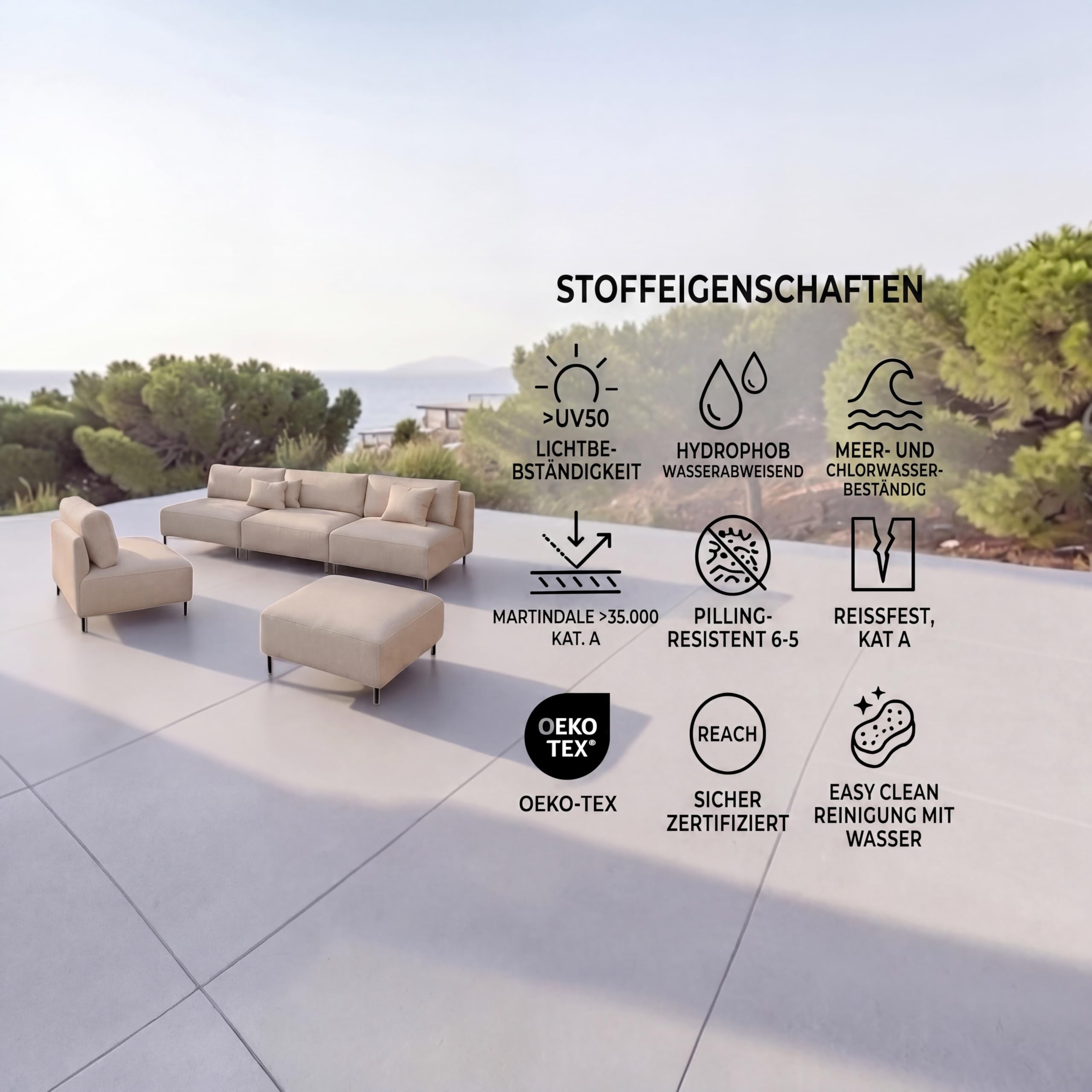 A&J MöbelLand Outdoor Lounge Set Sun mit Sofa, Sessel und Hocker in Creme - Wetterfestes Gartenmöbel Set für Terrasse, Balkon und Garten