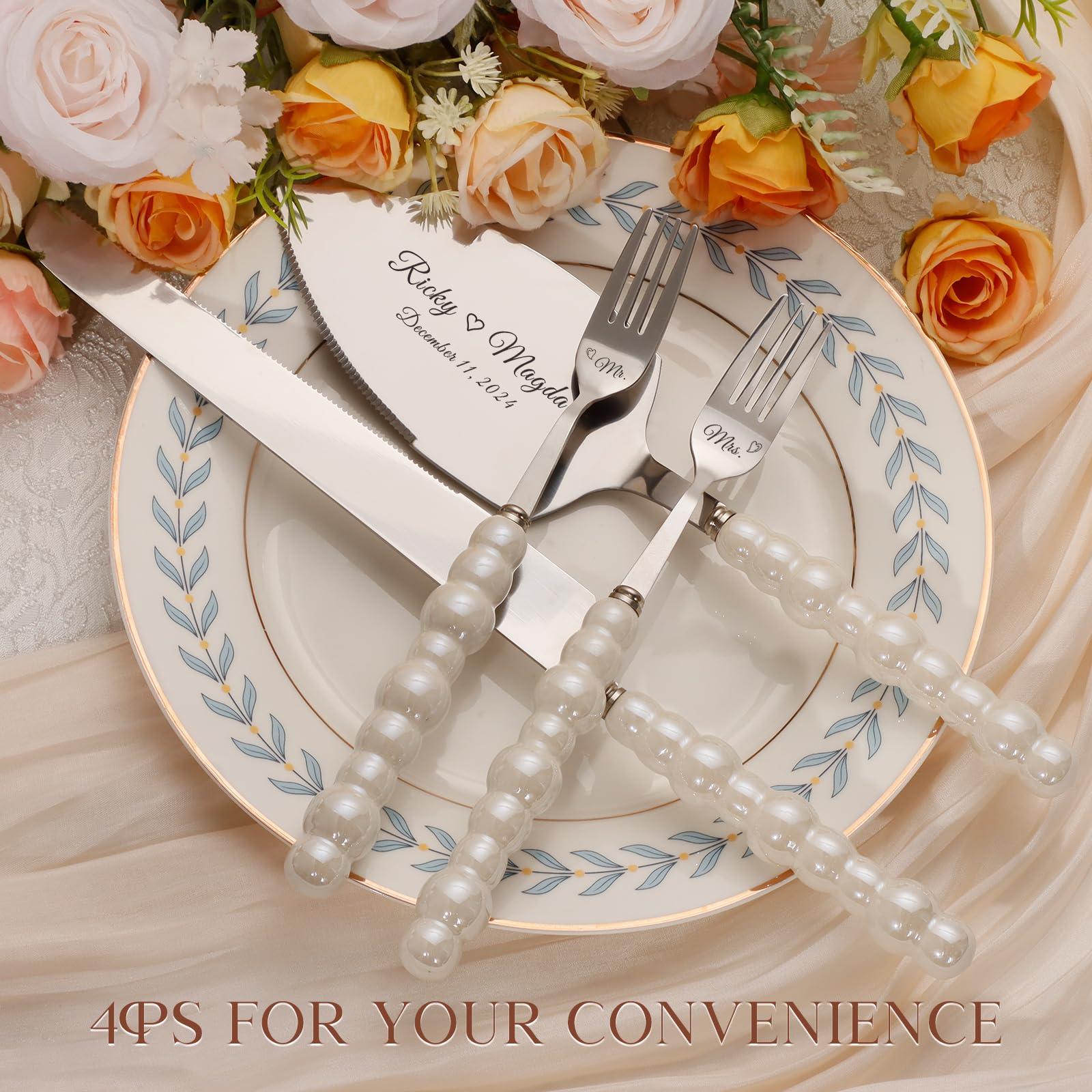 Perle Ensemble de Couteau Et Serveur de Gâteau de Mariage avec Fourchettes, Argent Ensemble de Découpe de Gâteau en Acier Inoxydable pour le Mariage Comprennent un Coupe-Gâteau et un Serveur (4)