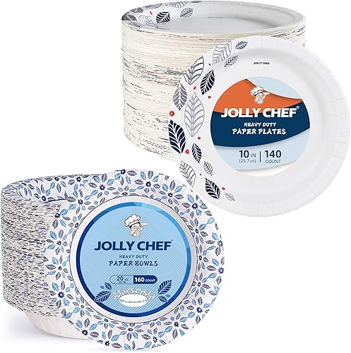 JOLLY CHEF 140 platos de papel desechables de 10 pulgadas con hojas resistentes impresas y 160 cuencos de papel de 20 pulgadas, cuencos desechables
