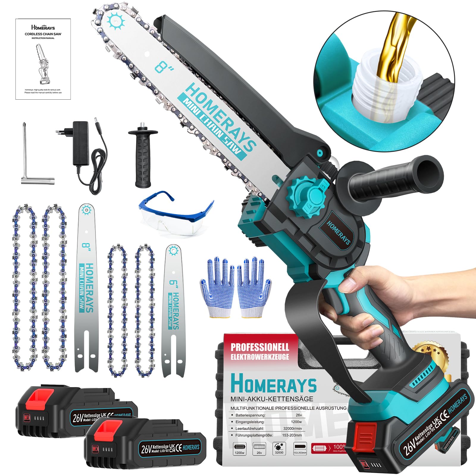 Mini Chainsaw with Battery, 4000 mAh, 20 cm & 15 cm Mini Chainsaw, Electric, with Automatic Oiler and 2 x 2000 mAh Brushless Hand Chainsaw Battery, for Garden Shears, Loppers, Wood Cutting