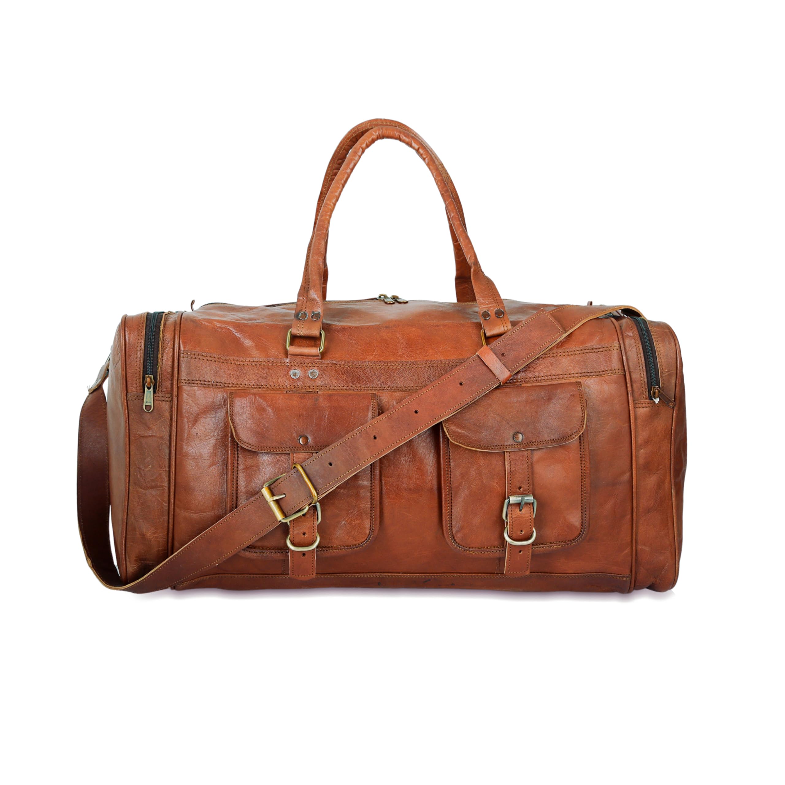 Tan Brown Leather Stylish & Spacious Weekender Duffle Bag for Travel (11x24 Inch)-image-43
