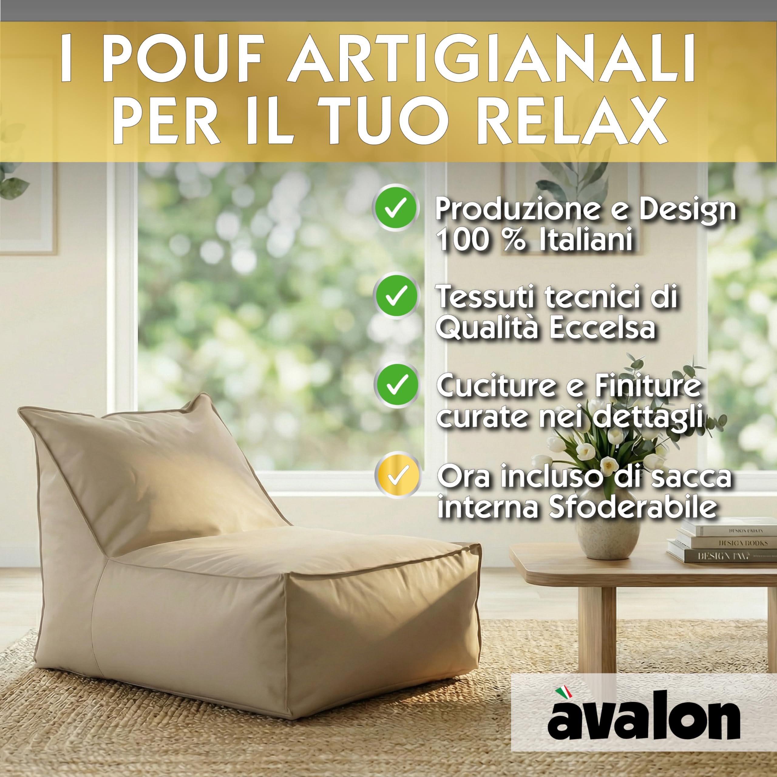 Avalon Pouf Chaise Longue da Esterno Sfoderabile Impermeabile 70x105cm Corda Design Moderno