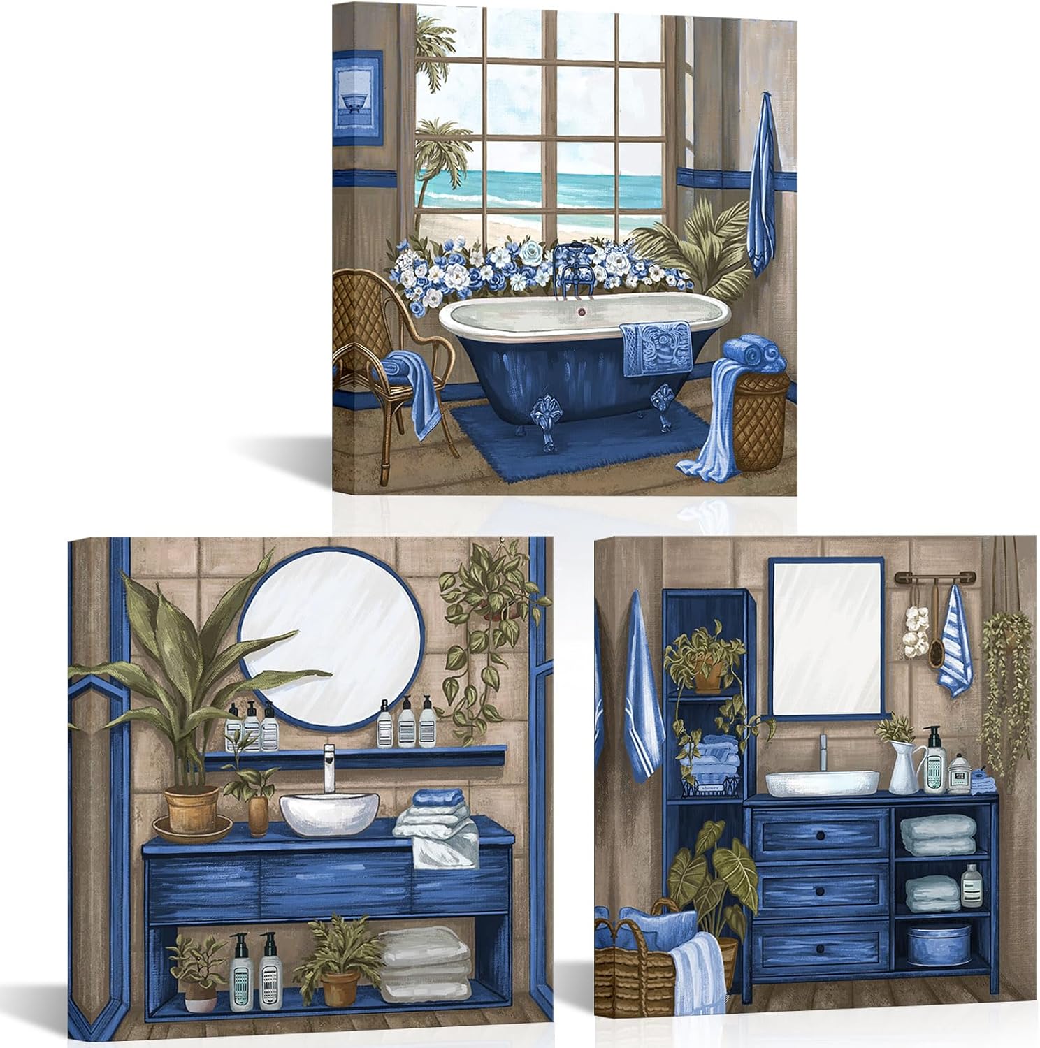 Conipit Bathroom Pictures Wall Decor Bathroom Accessories Paintings Bathtub Canvas Wall Art Framed For Room Decor 12''x12''x3pcs (royal blue)