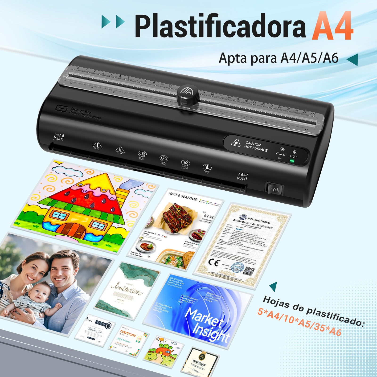 Plastificadora A4 Laminadora con 50 Bolsas Plastificación Frío Caliente Almacenamiento Recortadora Perforadora
