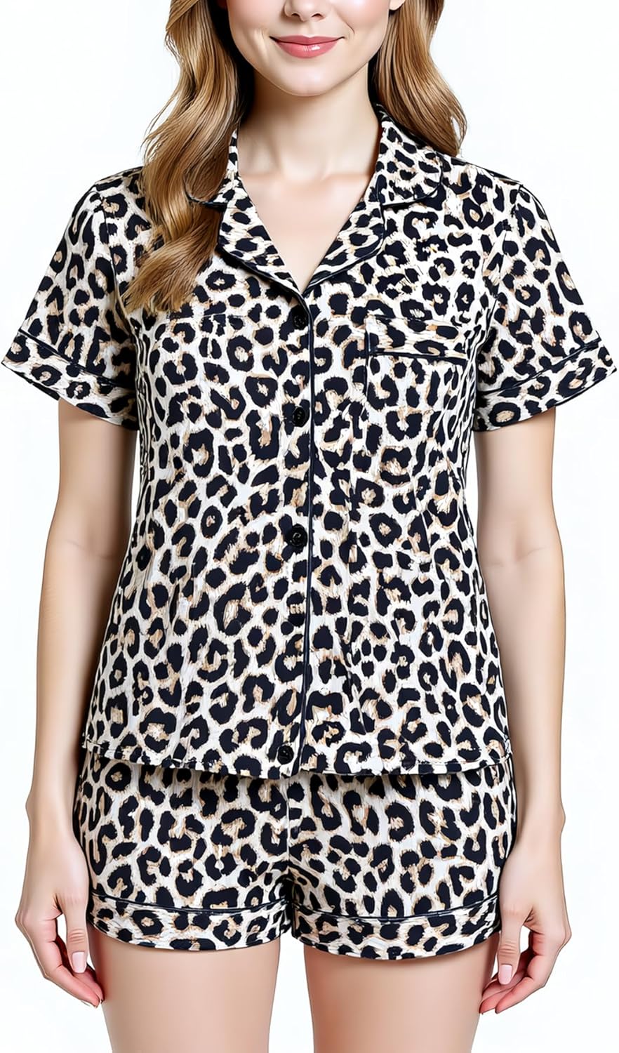 Women's 2 Piece Pajamas Set Short Sleeve Button Down Shirt and Shorts Cute Print Sleepwear Pjs Sets - Image 3