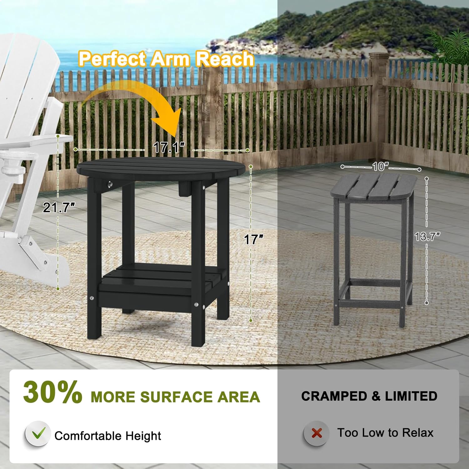 Adirondack Outdoor Side Tables, 2-Tier Round Outdoor Table, Weather Resistant HDPE Patio End Table for Garden, Lawn, Pool, Beach, Porch, Deck, Backyard - Black