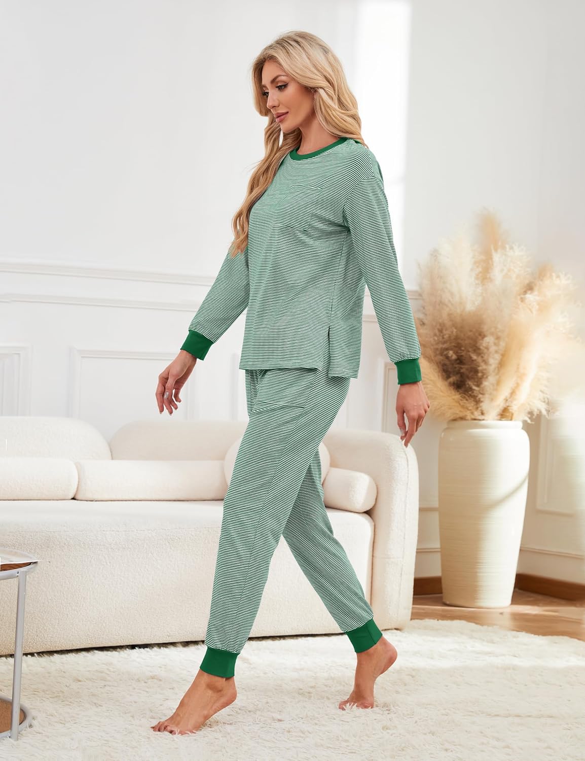 Soft Cotton Pajamas for Women Set Striped Long Sleeve Lounge Sets 2 Piece Pajama Tops and Jogger Pants with Pockets - Image 5