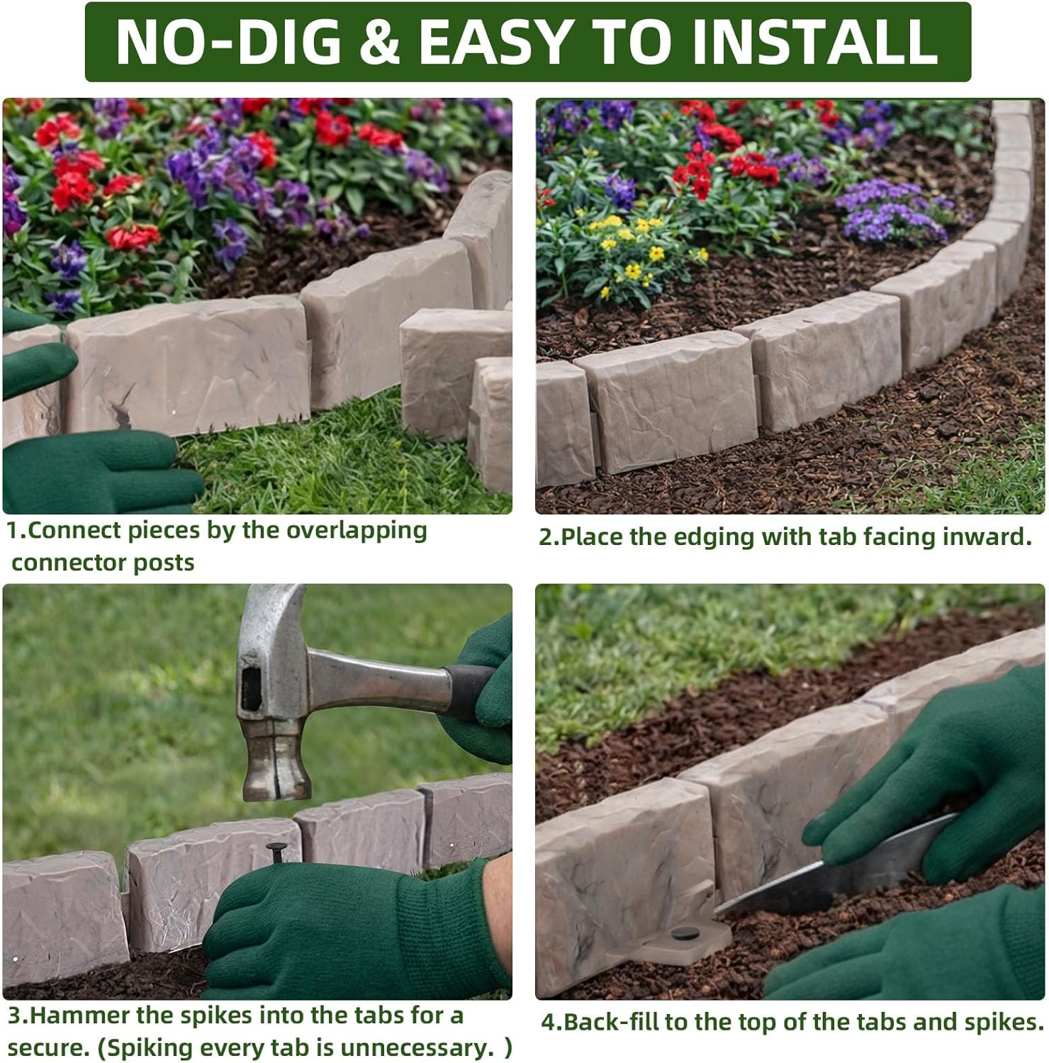 Landscape Edging Faux Stone Garden Edging Border with Anchoring Spikes,2.75 in Tall Decorative Stone-Look Garden Border for Flower Bed Edging,Lawn,Landscaped Yard,Trees and Gardens,91FT,Brown