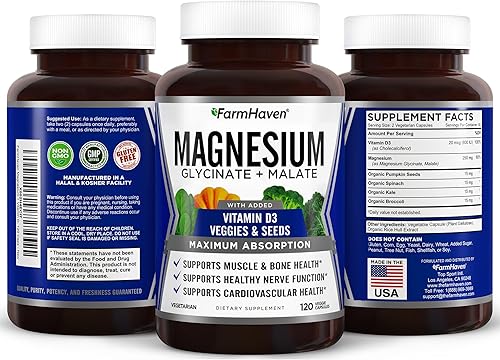 Miniatura 5 de FarmHaven Complejo de glicinato de magnesio y malato con vitamina D3, 100% quelado para una máxima absorción, vegano  salud ósea, nervios, músculos,