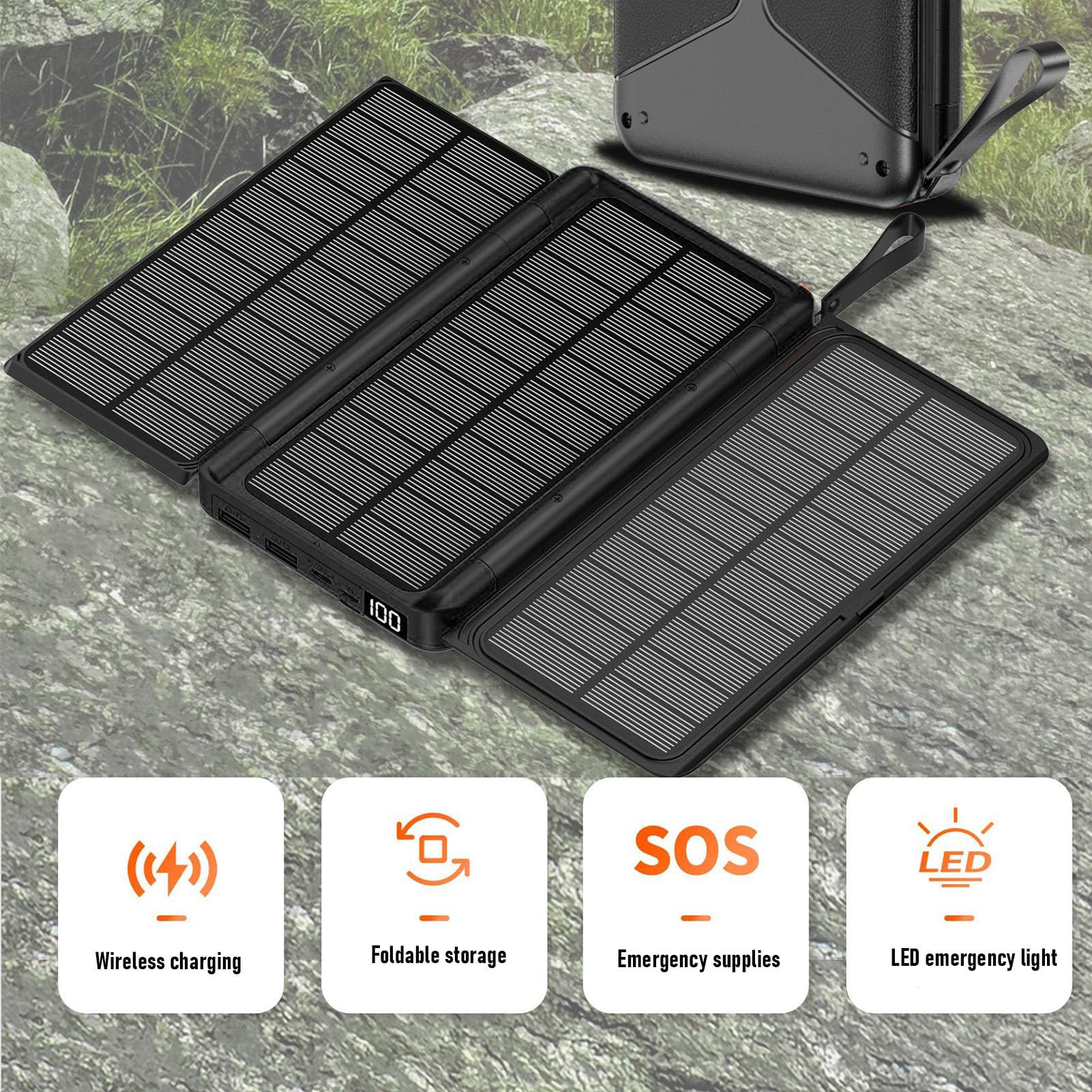 Fockety Caricabatterie Solare Power Bank, 10000mAh Solar Power Bank UPS 3 Pannelli Solari Pieghevoli Ingresso USB C Uscita PD20W Caricatore Portatile a Ricarica Rapida con Luce SOS per