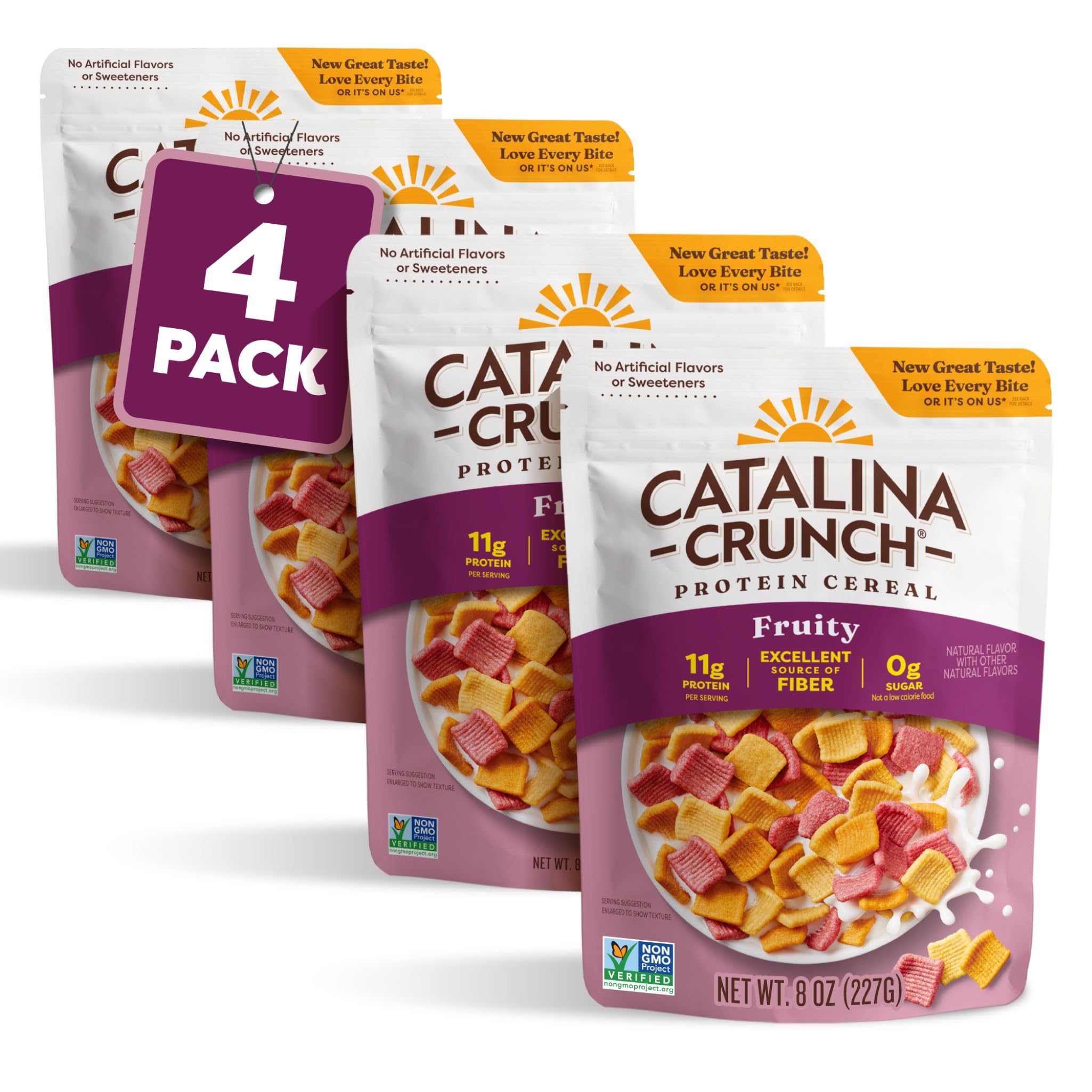 Catalina Crunch Protein Cereal | Sugar Free Breakfast Cereal with 11g of Protein | Gluten Free, Keto Friendly | Fruity - 8 oz. Bag (Pack of 4) - Packaging May Vary