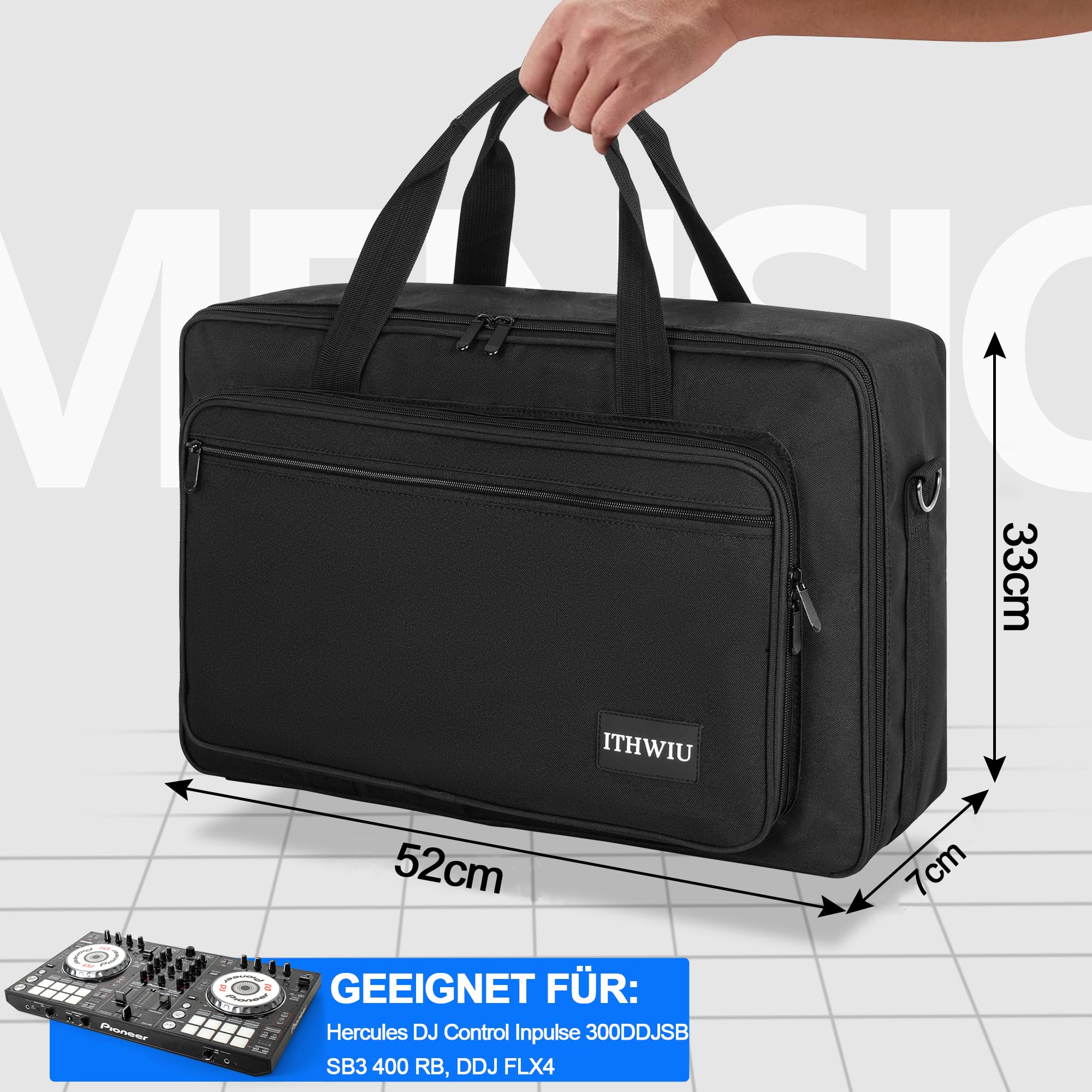 OUUTMEE DJ Controller Tragbar Tasche, 52 x 32 x 7 cm,Schutztasche mit Schulterriemen, passend für DDJ FLX4/DDJ SB SB3 400 RB/DJ Control Inpulse 300,Gepolsterte,Schwarz
