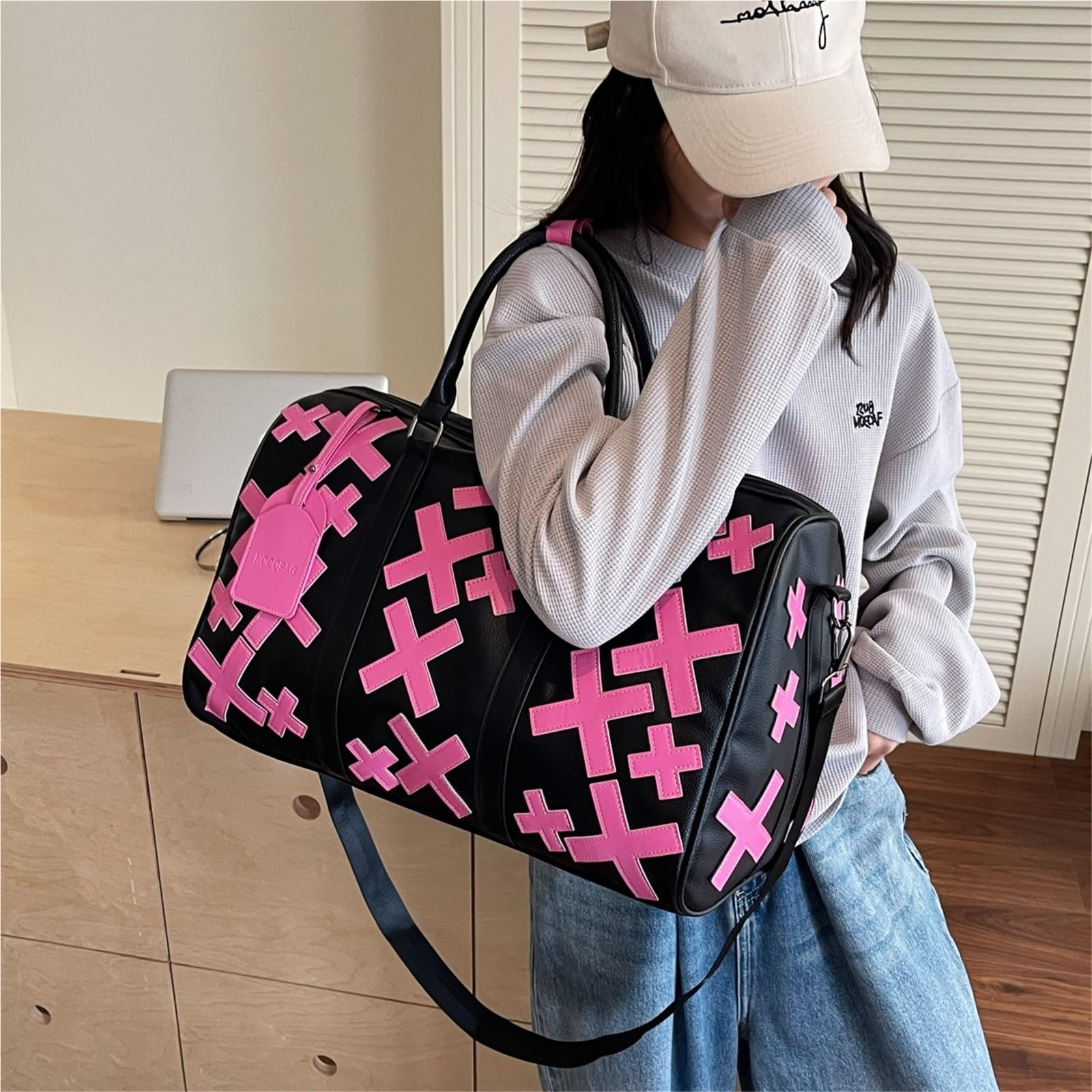 Bolso de Hombro de Viaje de Piel sintética for Mujer, Ideal for Gimnasio, Viajes Cortos.(Pink)