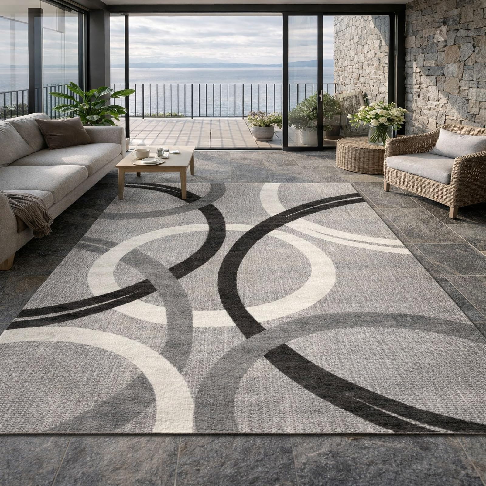 Tapis salon moderne noir blanc gris 160 x 230 cm pour deco de chambre