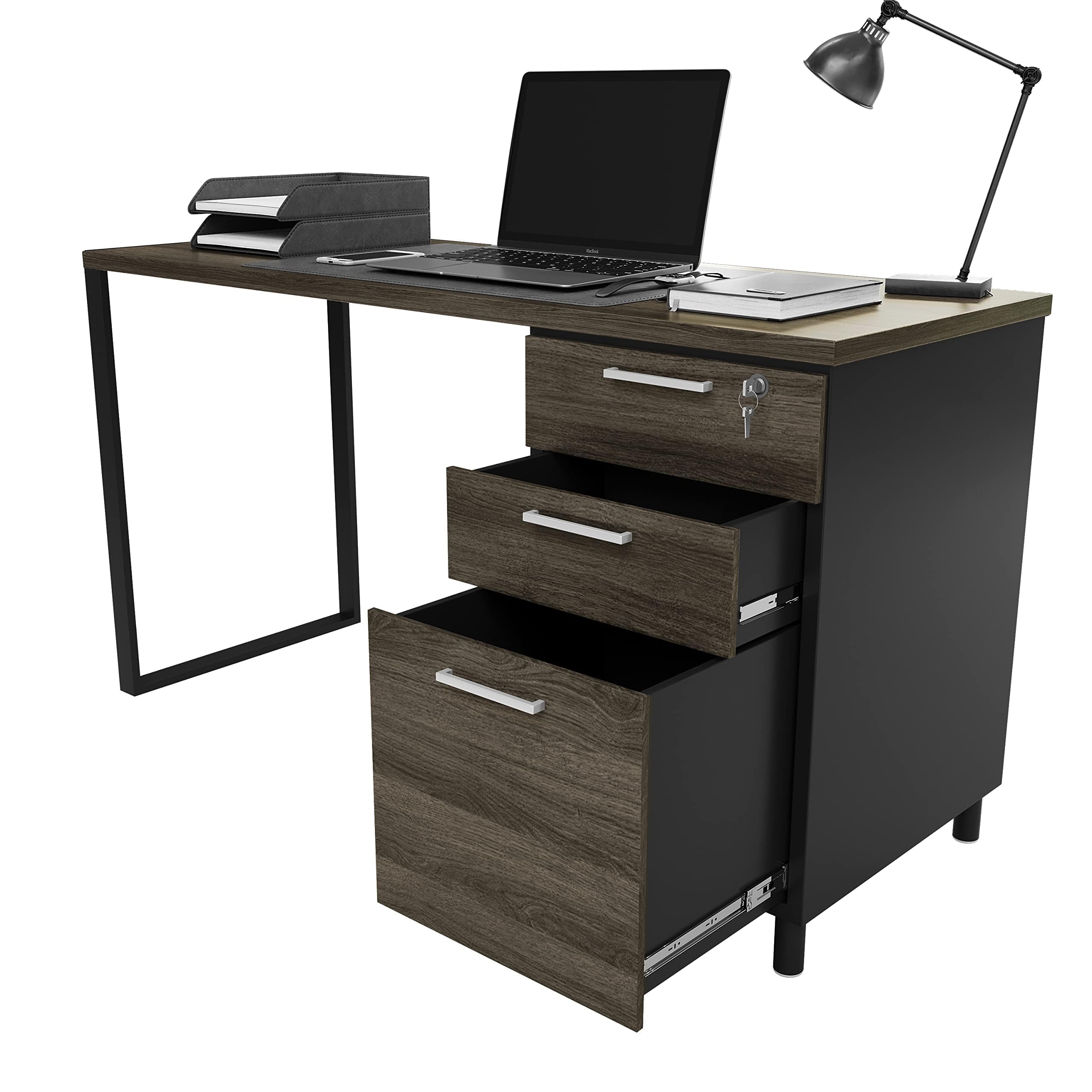 Modern Design Milano Office Computer Desk with 3 Locking Drawers, 48 Inch Grey and Black Industrial Wood Desk with Filing Drawer and Storage by Crafts