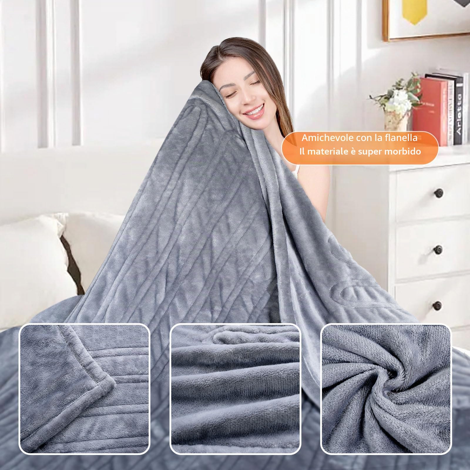 Coperta Elettrica, Coperta Riscaldata Termica 180x150cm, Coperta Matrimoniale con Flanella Riscaldamento Rapido 6 Temperature Personalizzata 5 Timer Protezione Surriscaldata Lavabile