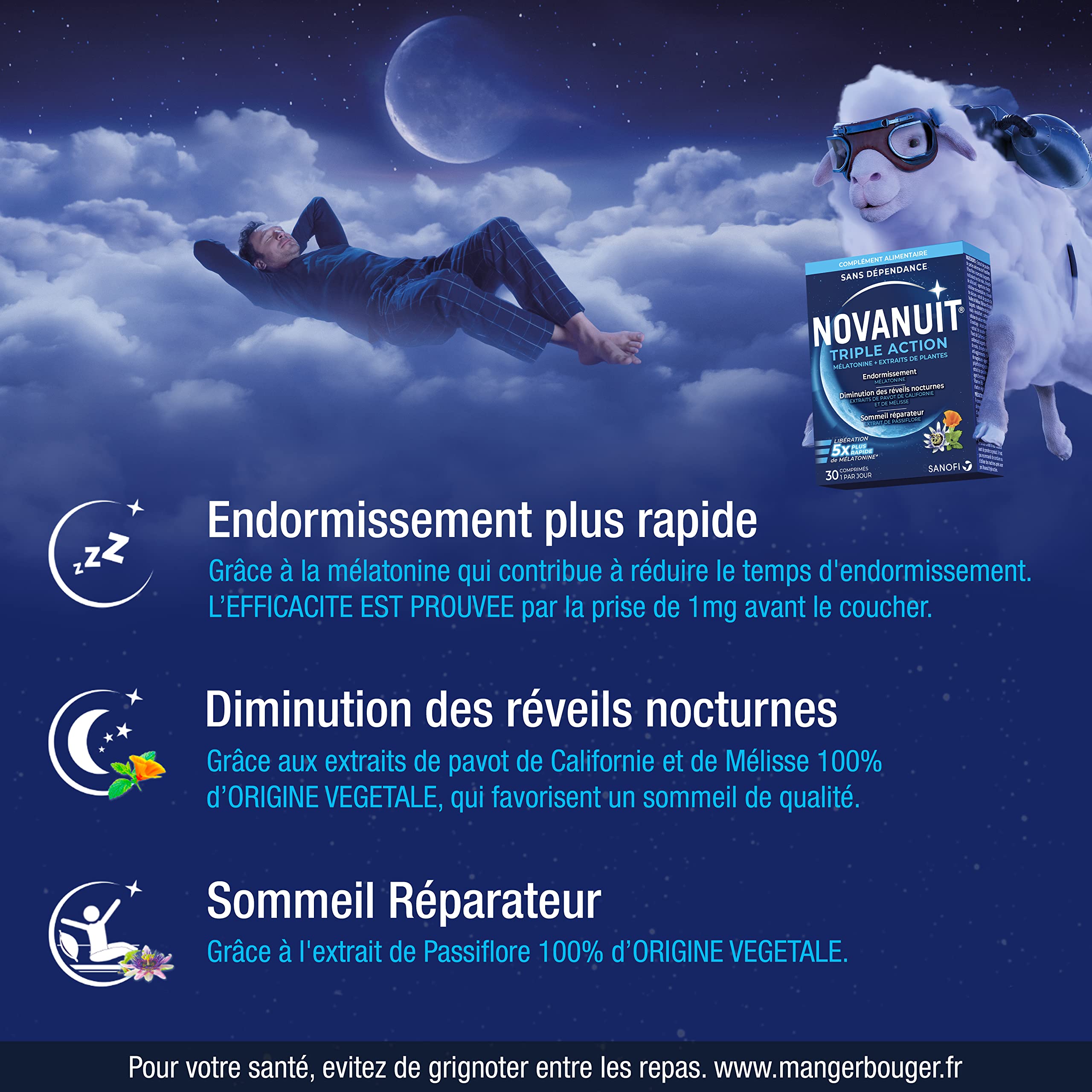 NOVANUIT TRIPLE ACTION - Complément Alimentaire - Sommeil – Lot de 2 boites de 30 comprimés