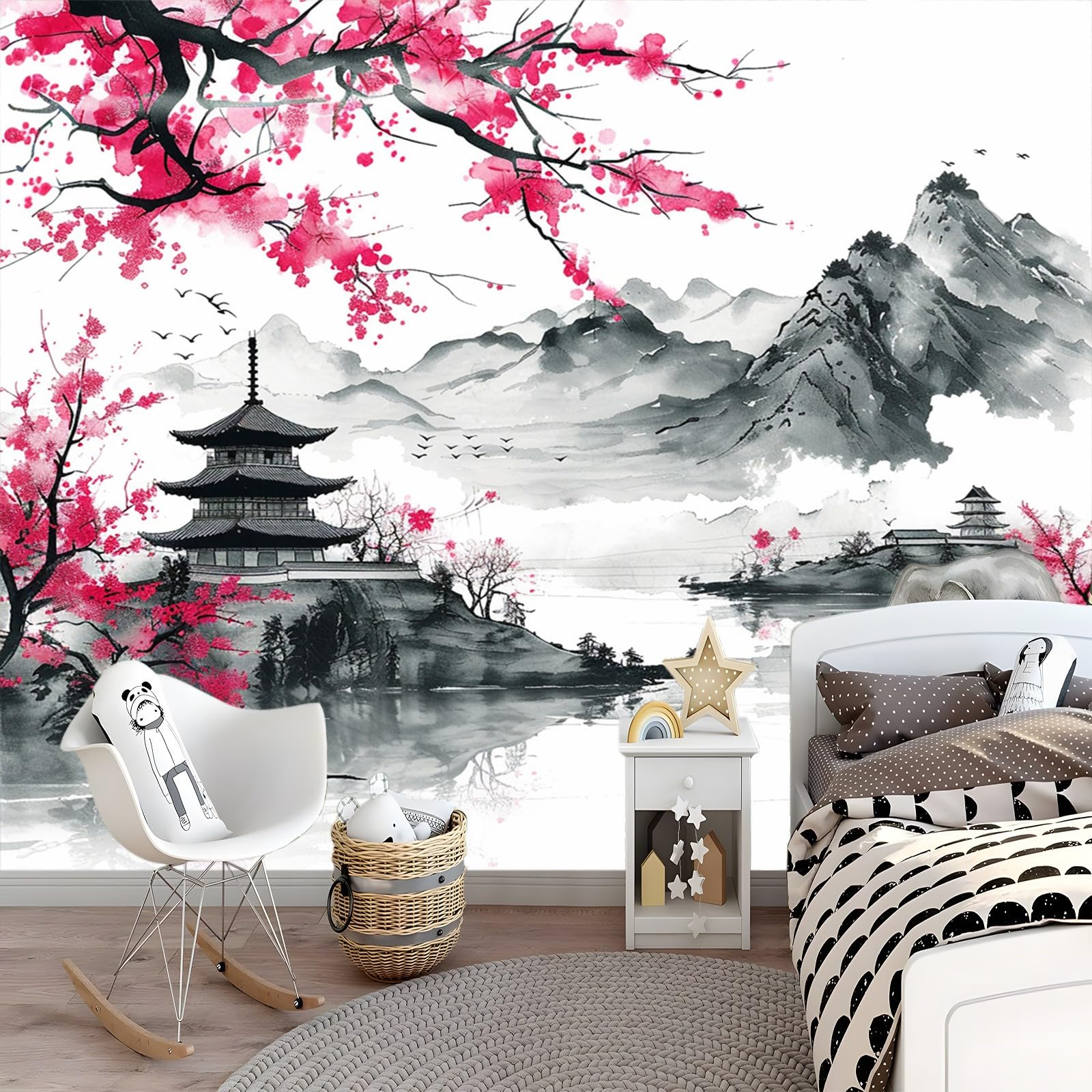 Fotomurales infantiles Flores De Cerezo Japonés Sobre Fondo Blanco. Papel Tapiz 200 x 140 cm Estilo Tradicional De Pintura De Tinta Oriental Fotomurales 3D Tv Fondo Pared Moderno Dormitorio Murales