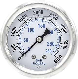 PIC Gauges PRO-202L-254Q Center Back Mount Glycerin Filled Industrial Pressure Gauge w/ SS Case, Brass Internals, Plastic Lens, 2.5" Dial, 0/4000 psi Range, 1/4" Male NPT