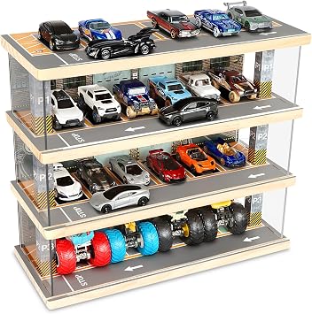 Saichotoy Storage for Hot Wheels Toy Car Parking Garage Diorama with Lights - Freestanding Display Case for 1/64 Scale Diecast Cars with 4 Levels 24 Spots Maximum 40 Cars