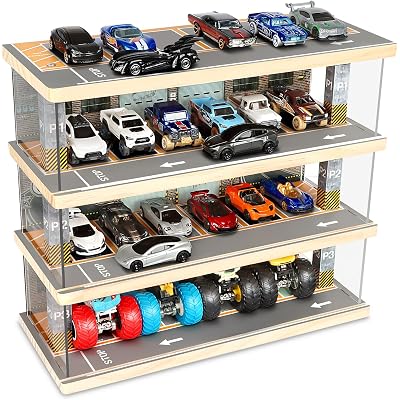 Saichotoy Storage for Hot Wheels: Toy Car Parking Garage Diorama with Lights - Freestanding Display Case for 1/64 Scale Diecast Cars with 4 Levels 24 Spots Maximum 40 Cars