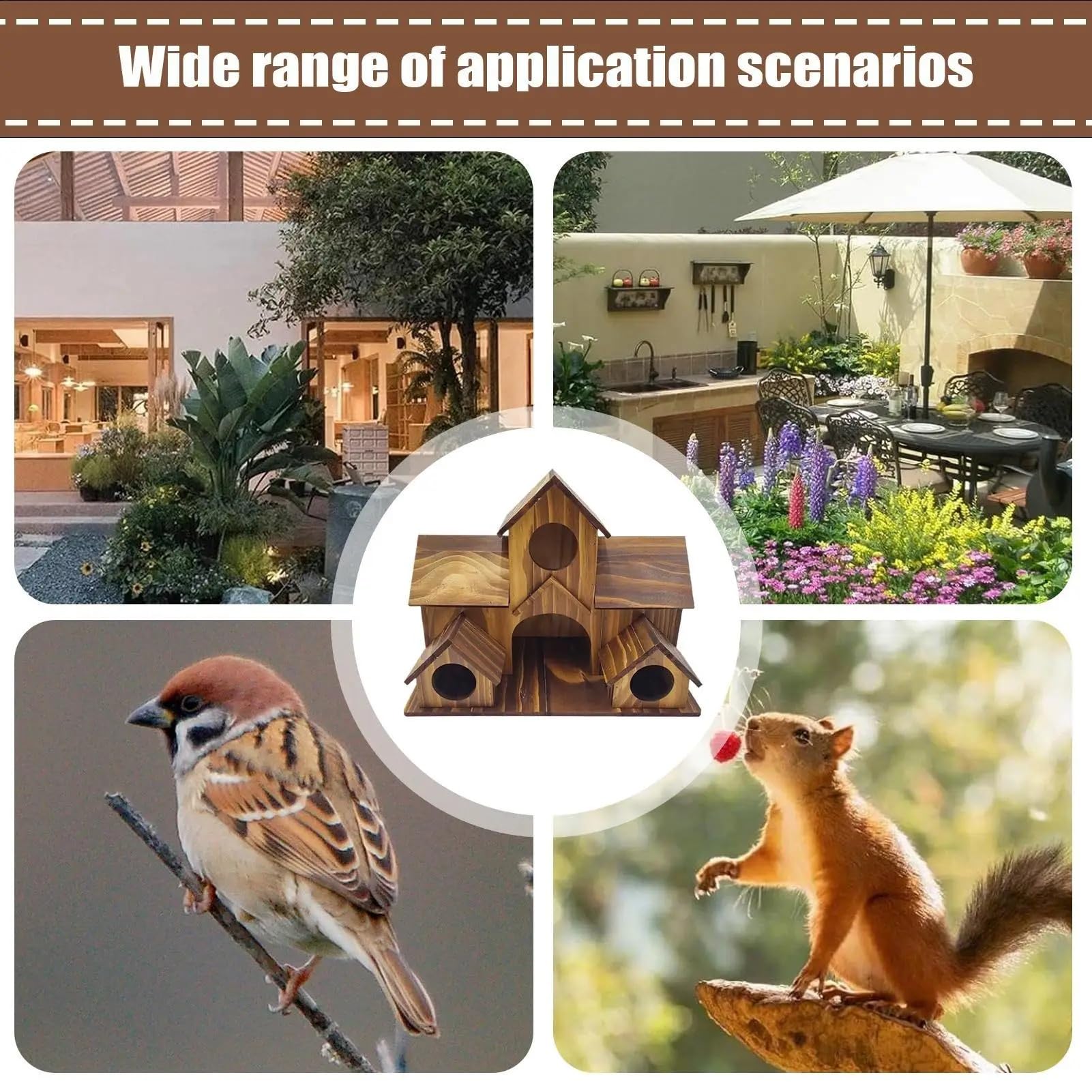 Casita pajaros Exterior Pajarera de Madera rústica Decorativa al Aire Libre con múltiples Agujeros, cabaña for Mascotas, Caja Nido for familias de pájaros