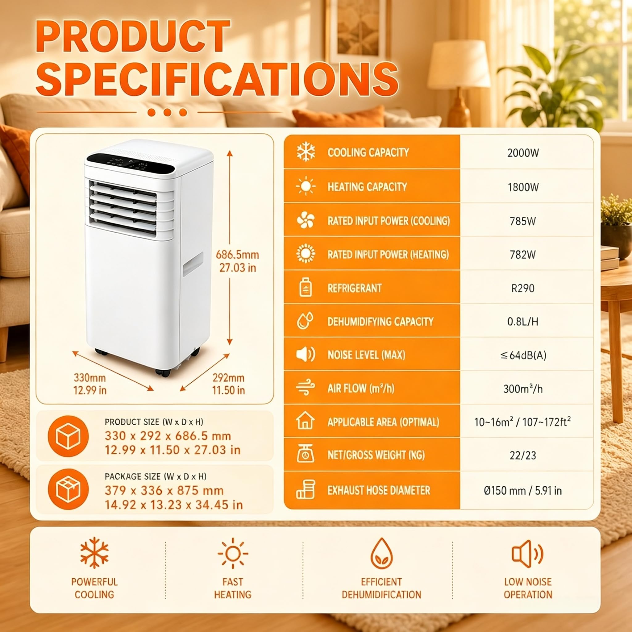 Przenośny klimatyzator 7000 BTU 4w1 z pilotem do sypialni, 24h timer, kółka, komplet do okna bez narzędzi