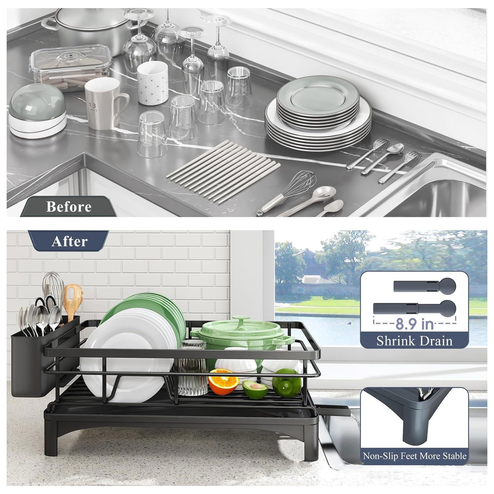 Abtropfgestell Geschirr Platzsparender Küchen-Trockenständer aus Edelstahl mit abnehmbarer Tropfschale und Besteckhalter 360°Drehbarem Auslauf Multifunktionaler Küchenorganizer 42*31*14.5cm