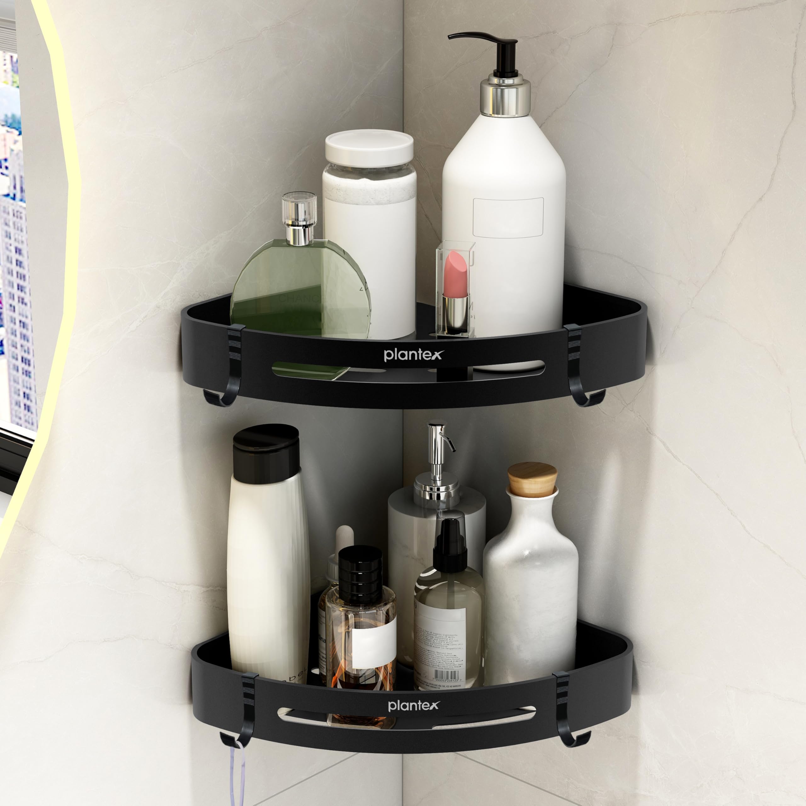 Plantex Corner Shelf for Bathroom/Aluminium Shelf Corner Organiser Without Drill/Self Adhesive Corner Shelf/Bathroom Organizer Without Drill - Pack of 2 (9x9 Inch, Matt Black)-image-32