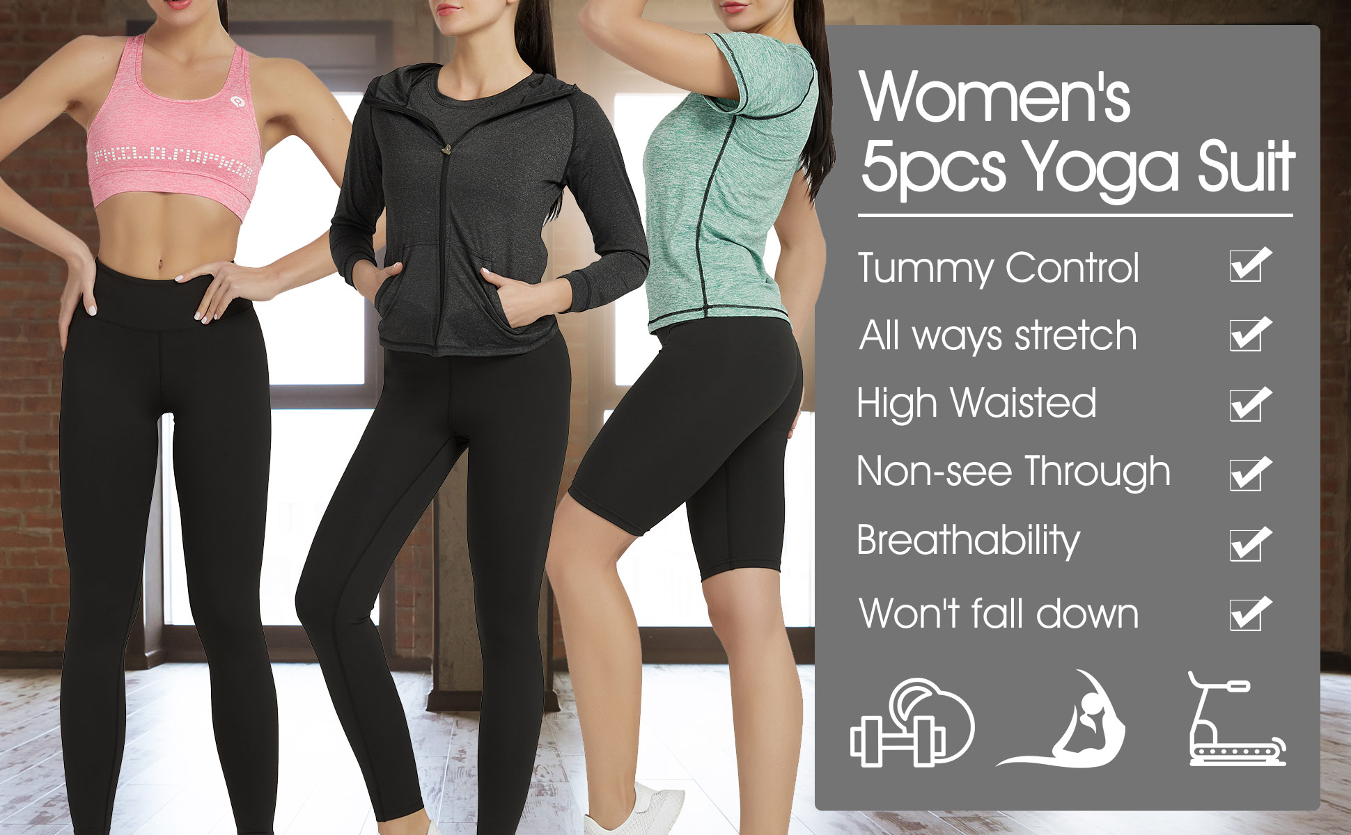 JULY'S SONG - Tuta Sportiva Donna 5 Pezzi Per Yoga E Palestra, Con Reggiseno, Top E Pantaloni Morbidi Traspiranti